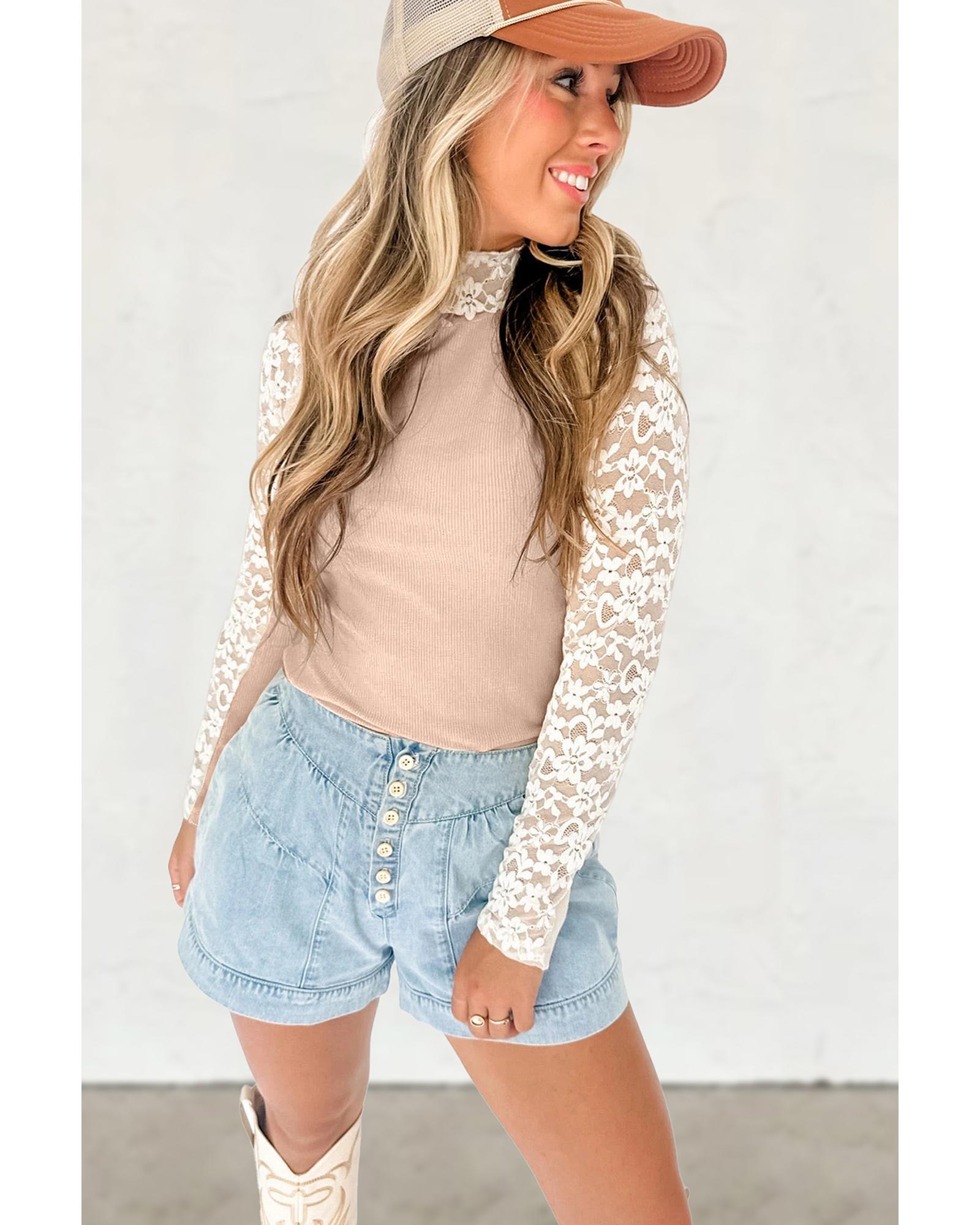 V539-AZEXDC25226767-P7016-L-202508270245-00 Smoke Gray Floral Lace Patchwork Long Sleeve High Neck Slim Top - L - Image 1