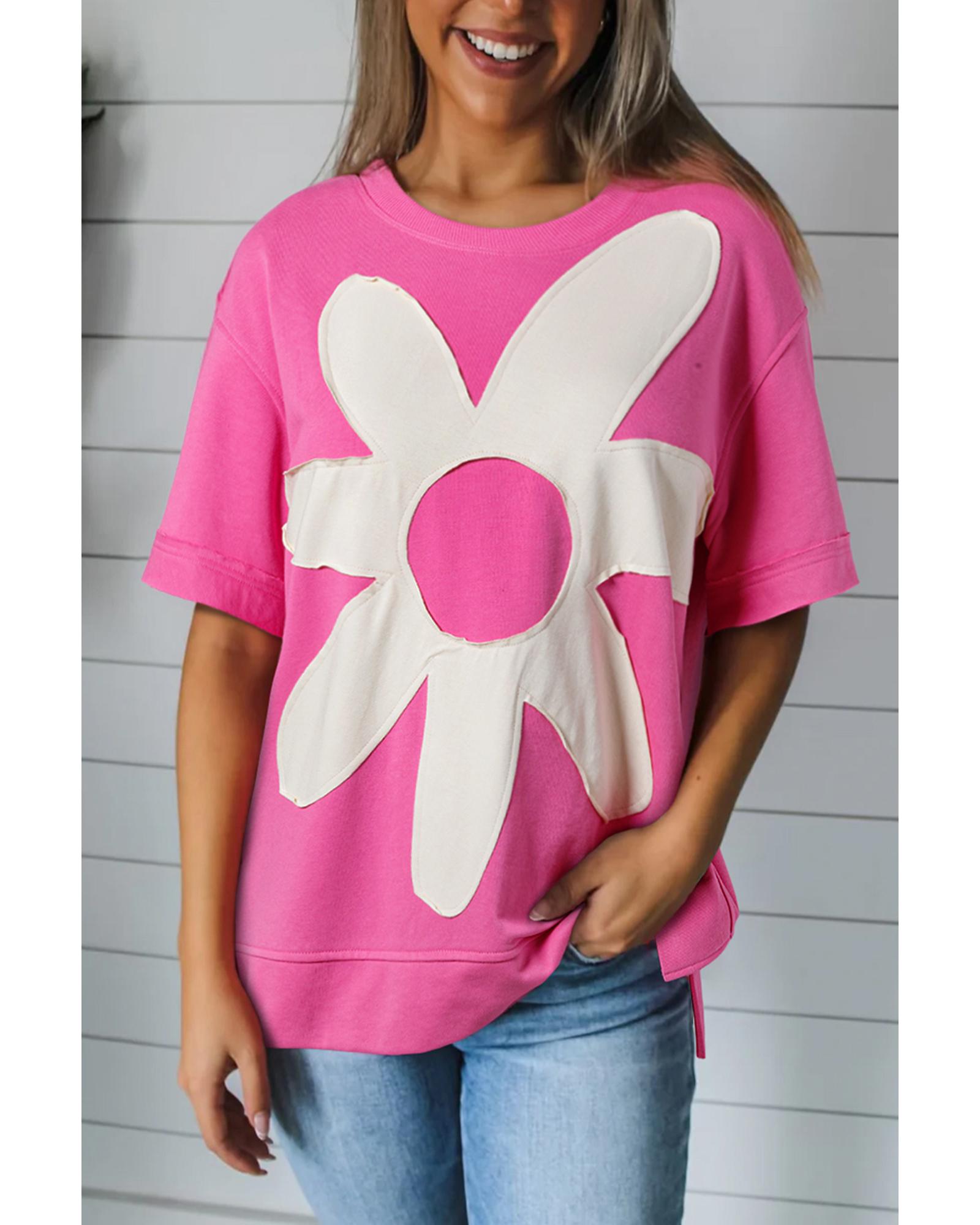 V539-AZEXDC25226781-P406-L-202508271910-00 Sachet Pink Contrast Flower Drop Shoulder Loose T Shirt - L - Image 1