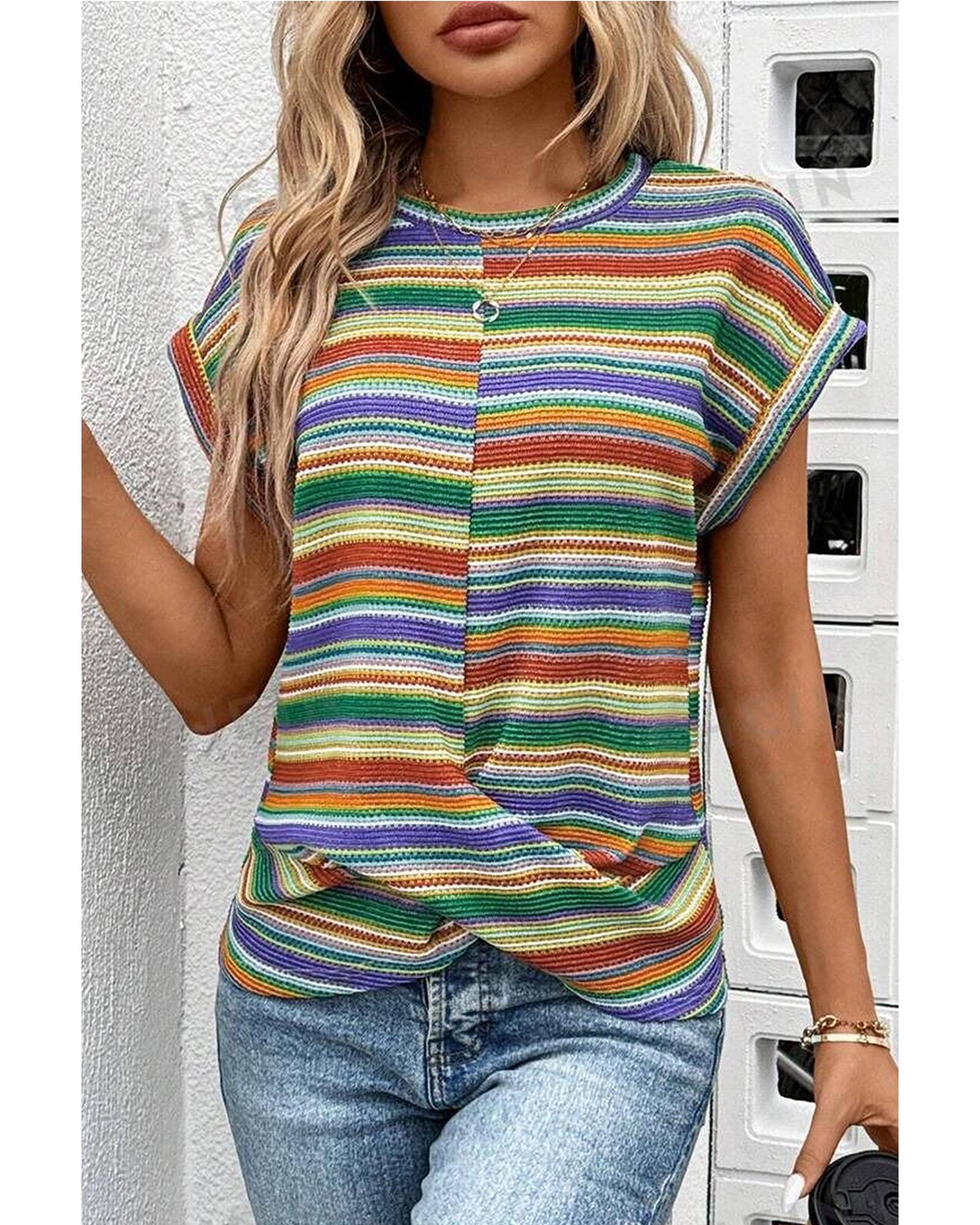 V539-AZEXDC25226784-P22-L-202508271625-00 Multicolour Striped Pattern Twist Hem Short Sleeve Top - L - Image 1