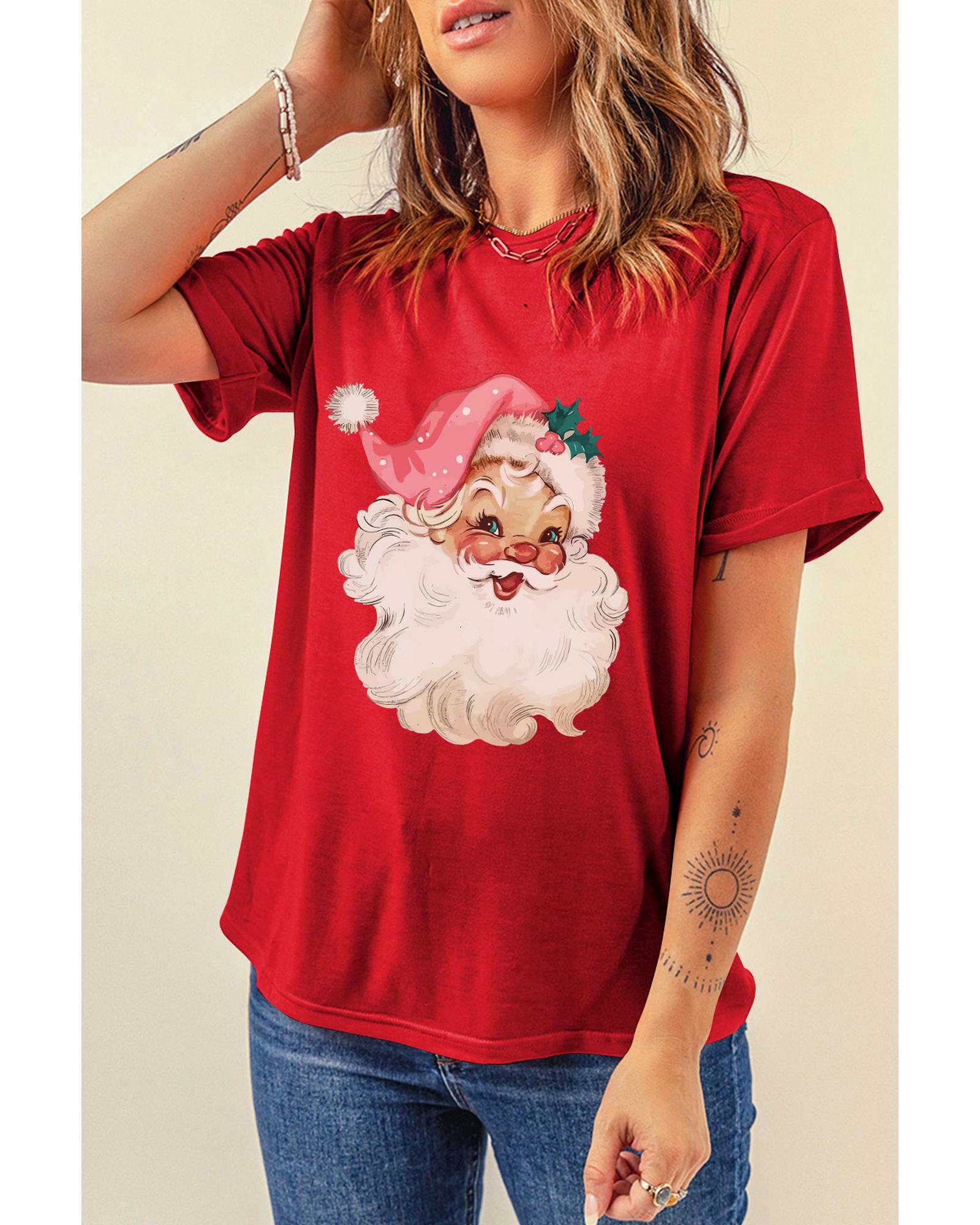 V539-AZEXDC25226829-103-M-202508281840-00 Red Christmas Santa Claus Print Crew Neck T Shirt - M - Image 1