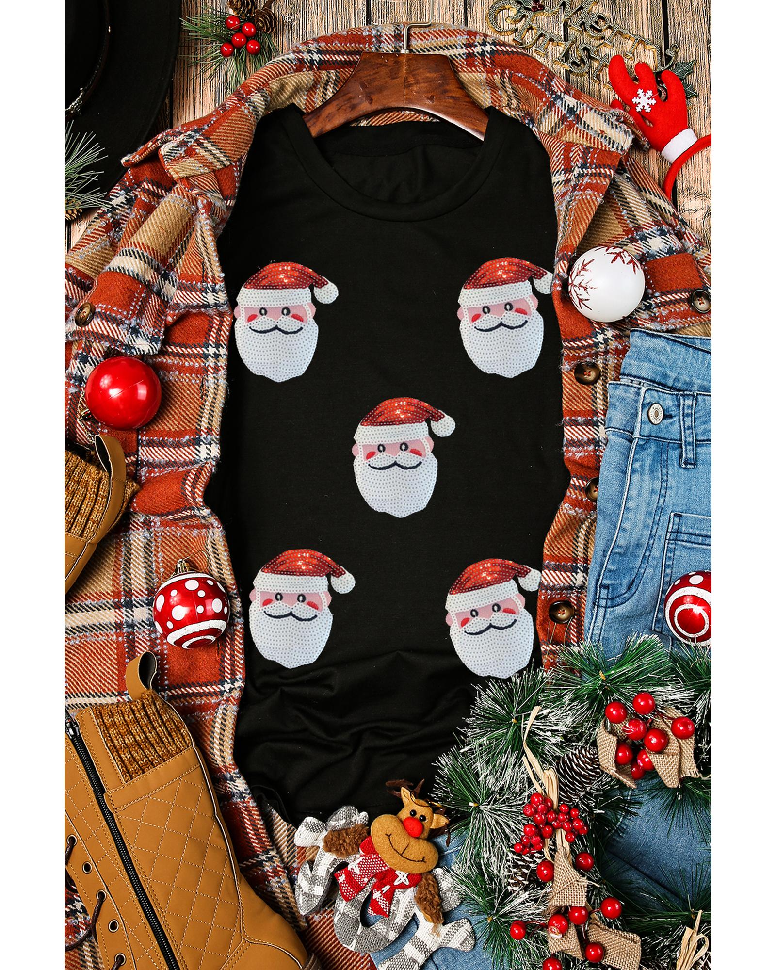 V539-AZEXDC25226862-2-S-202506121537-00 Black Sequin Christmas Claus Pattern Crewneck T Shirt - S - Image 1