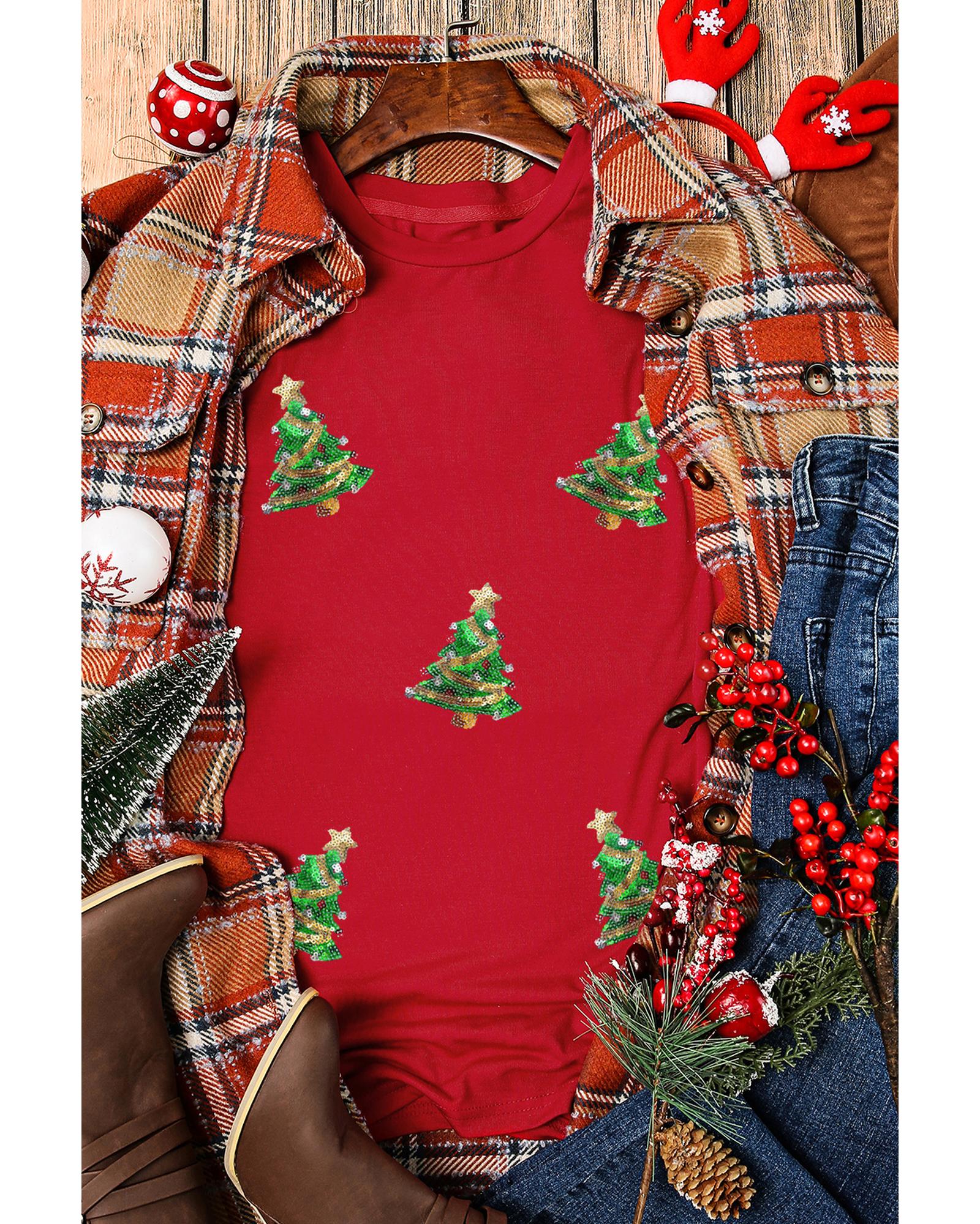 V539-AZEXDC25226863-103-XL-202508281410-00 Red Sequined Christmas Tree Graphic Crewneck T Shirt - XL - Image 1