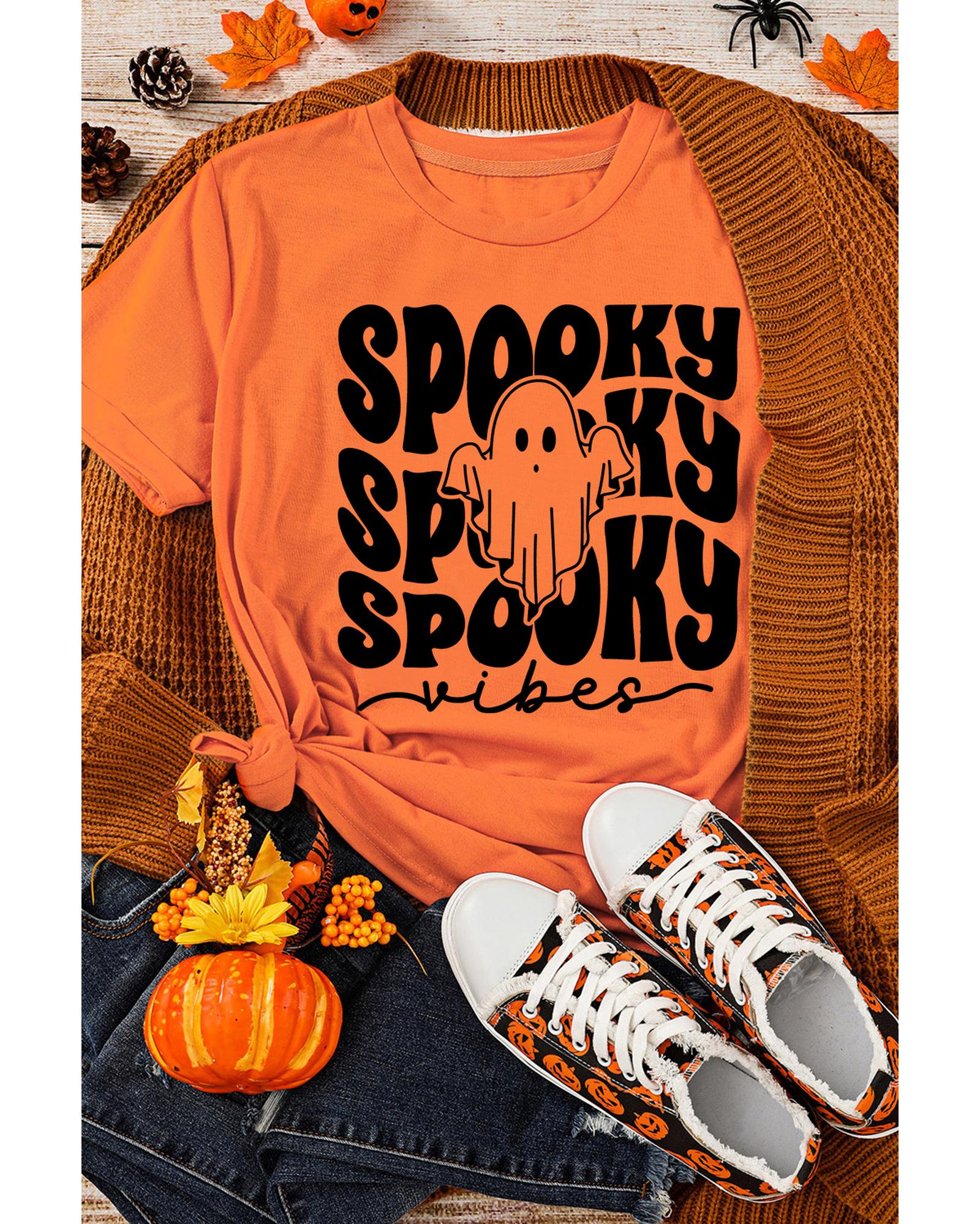 V539-AZEXDC25226909-14-3XL-202508292220-00 Orange SPOOKY Vibe Ghost Print Crewneck Halloween T Shirt - 3XL - Image 1