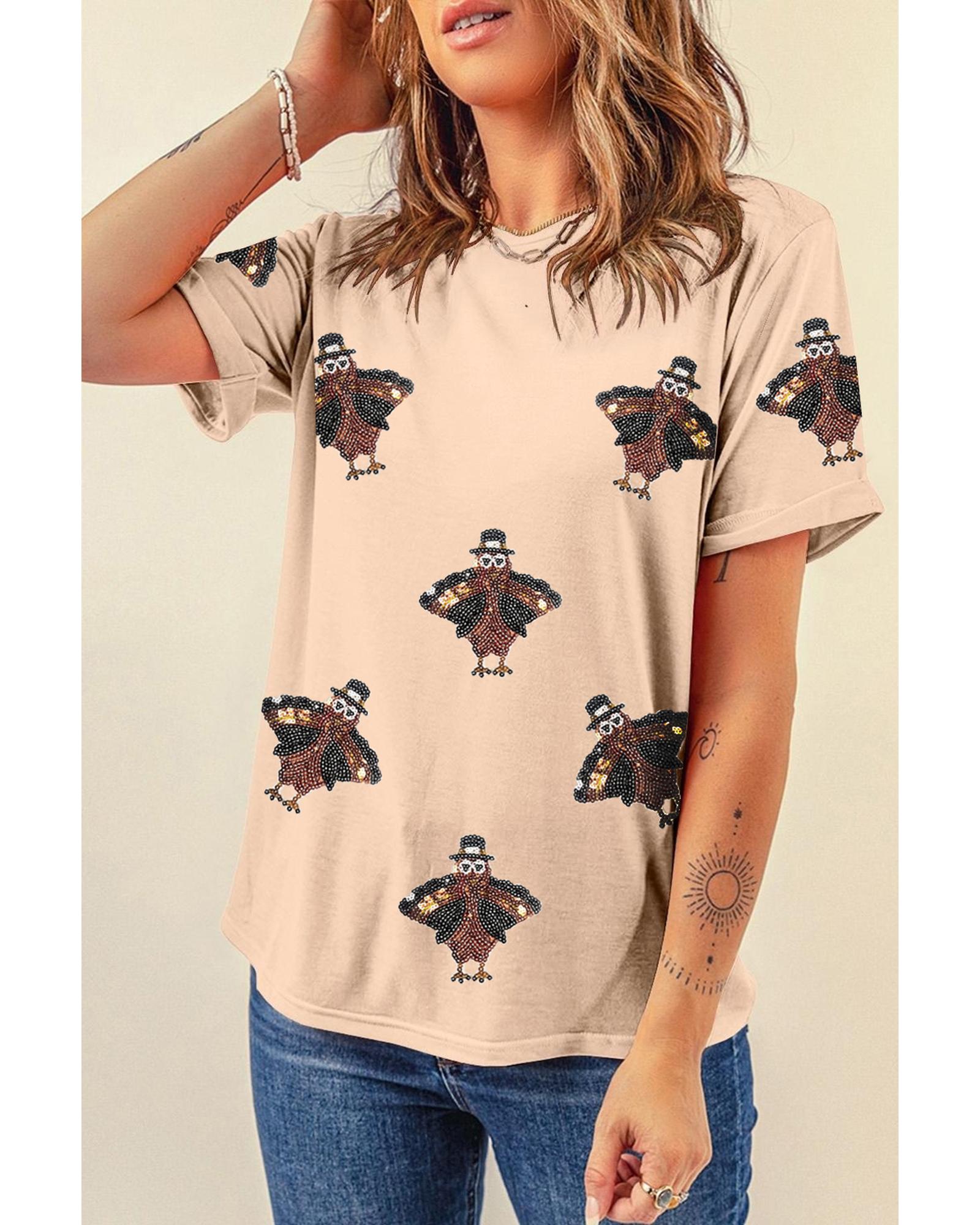 V539-AZEXDC25226919-16-XL-202508300105-00 Khaki Sequined Turkey Patched Pattern Crewneck Thanksgiving T Shirt - XL - Image 1