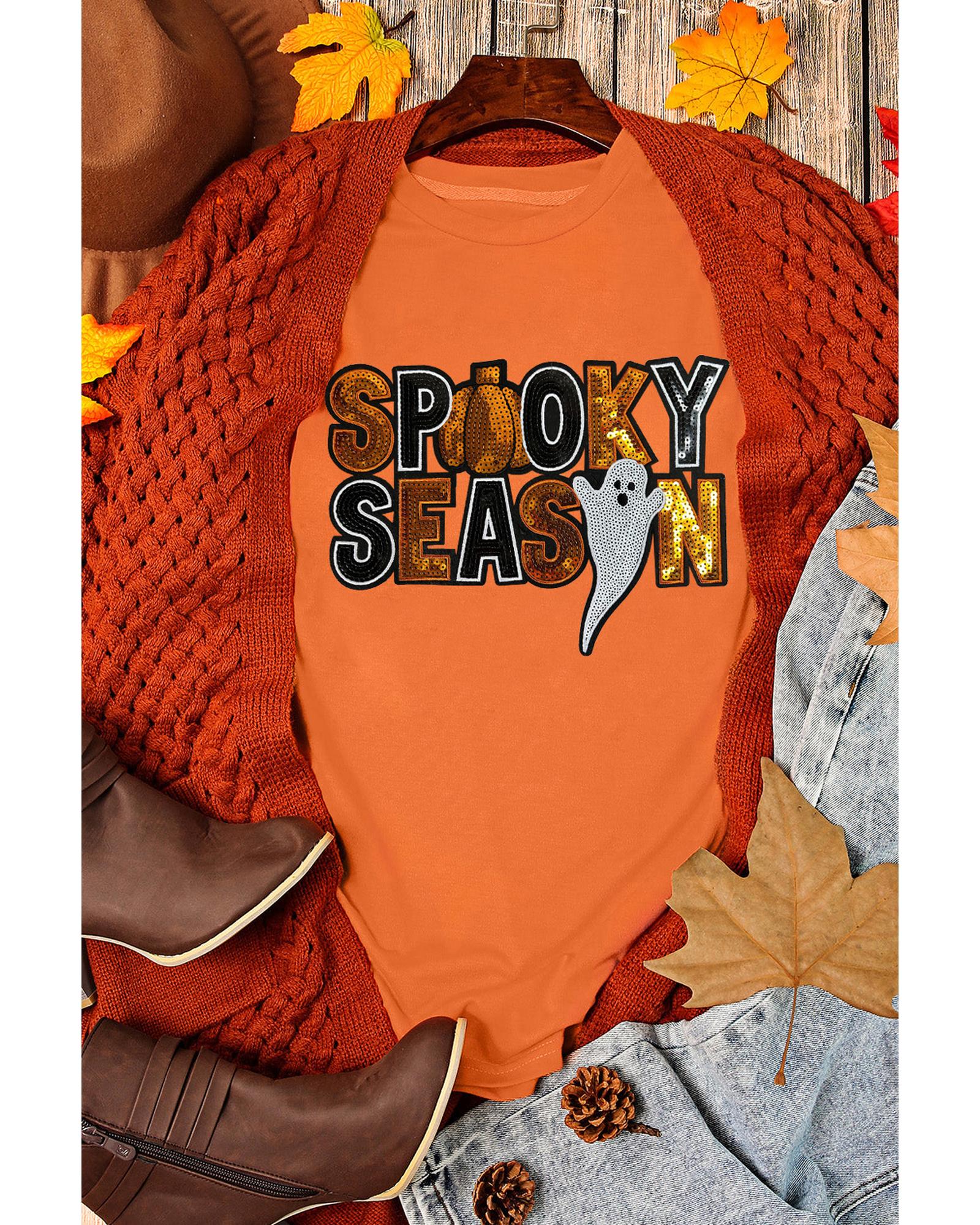 V539-AZEXDC25226921-14-S-202506121641-00 Orange Sequin SPOOKY SEASON Ghost Pattern Halloween T Shirt - S - Image 1