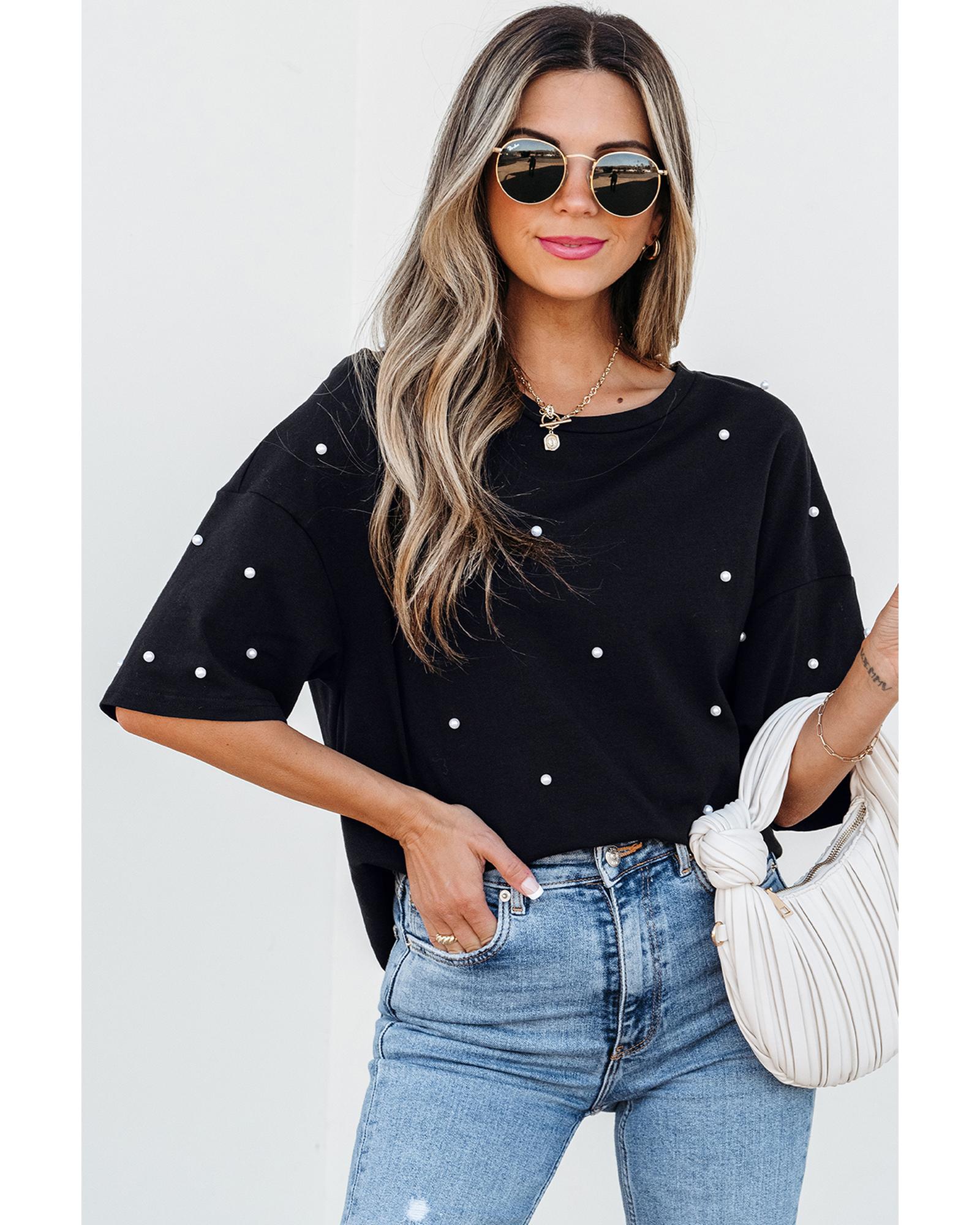 V539-AZEXDC25226941-P2-M-202506121648-00 Black Pearl Beaded Drop Shoulder Crewneck T Shirt - M - Image 1