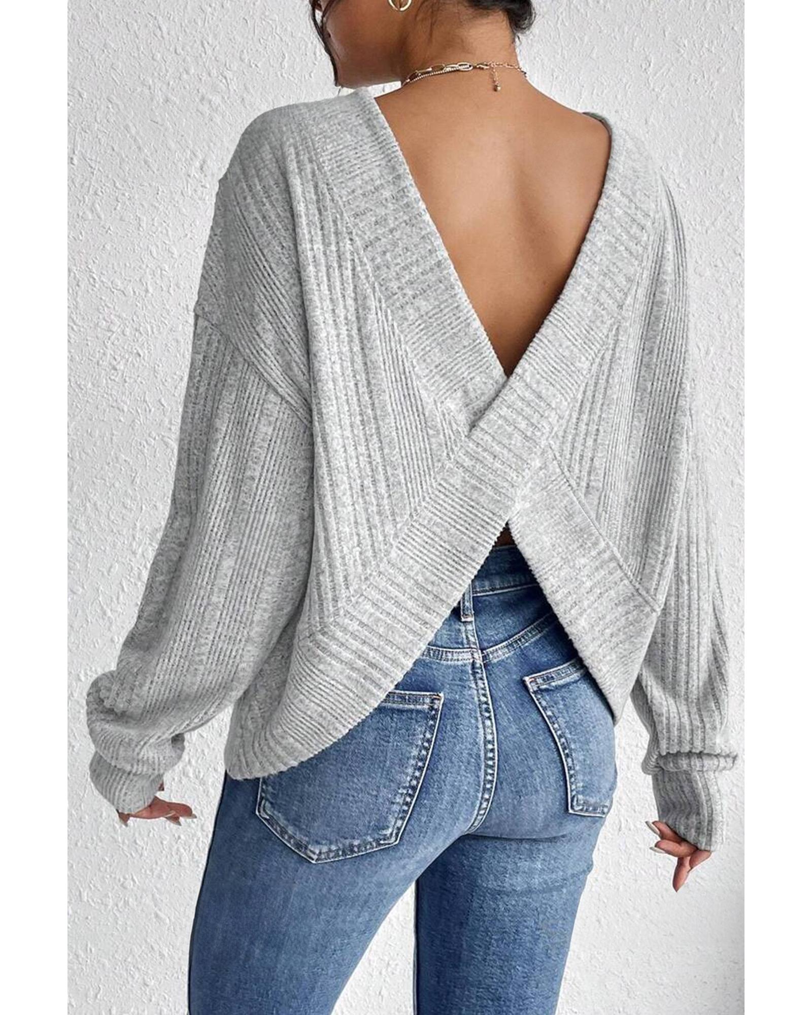 V539-AZEXDC25226992-P1011-L-202508281950-00 Light Grey Textured Crossover Backless Knit Long Sleeve Top - L - Image 1