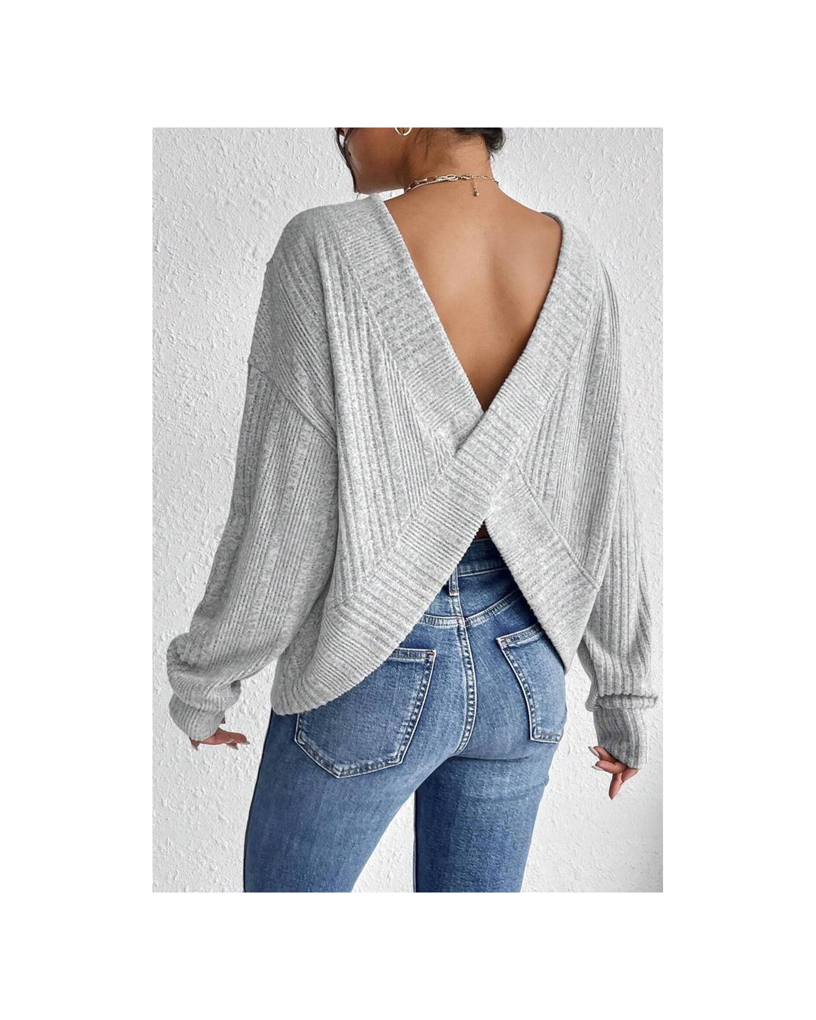 V539-AZEXDC25226992-P1011-XL-202508291400-00 Light Grey Textured Crossover Backless Knit Long Sleeve Top - XL - Image 1