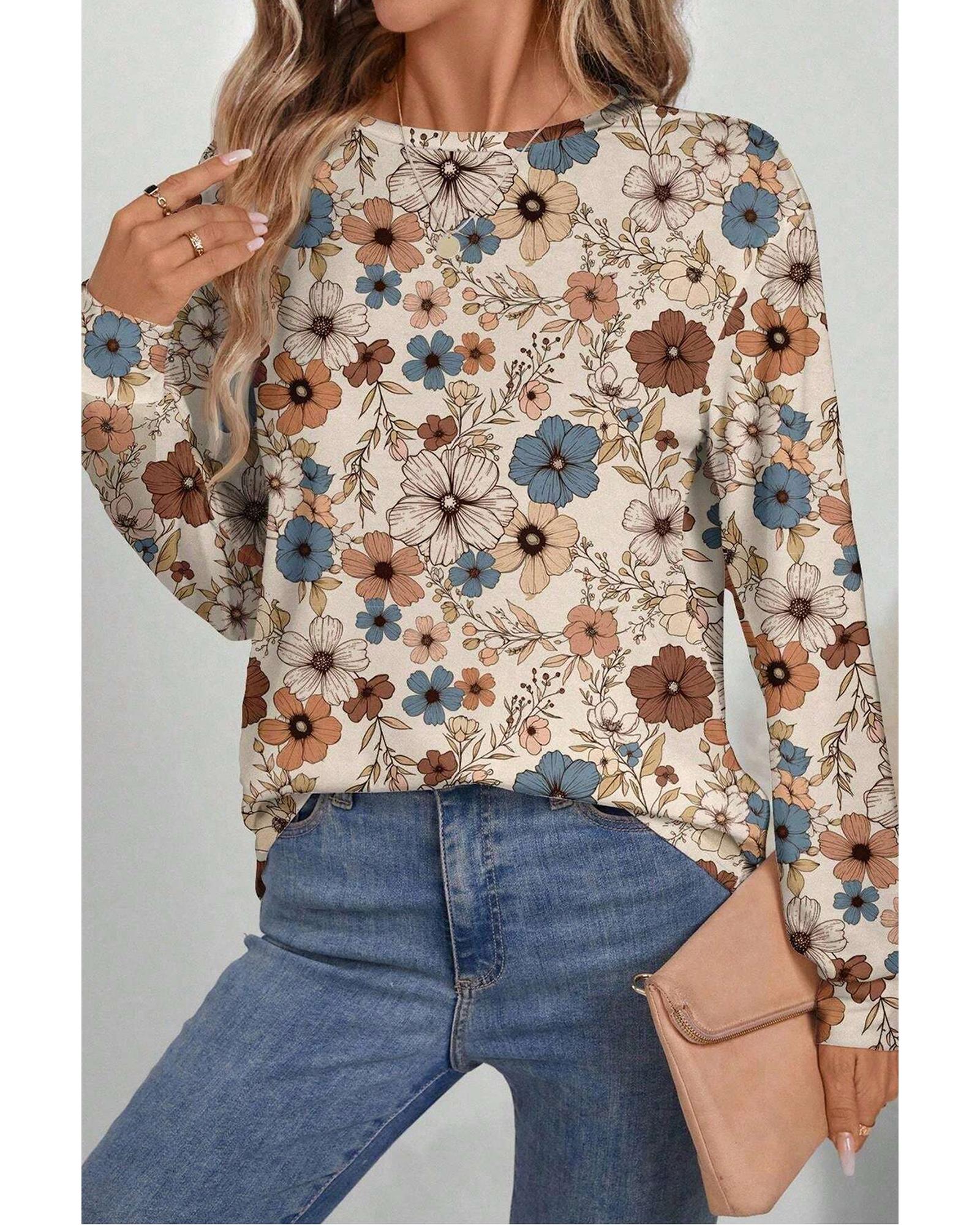 V539-AZEXDC25227003-P1620-M-202508280910-00 Khaki Floral Print Loose Crew Neck Long Sleeve T Shirt - M - Image 1