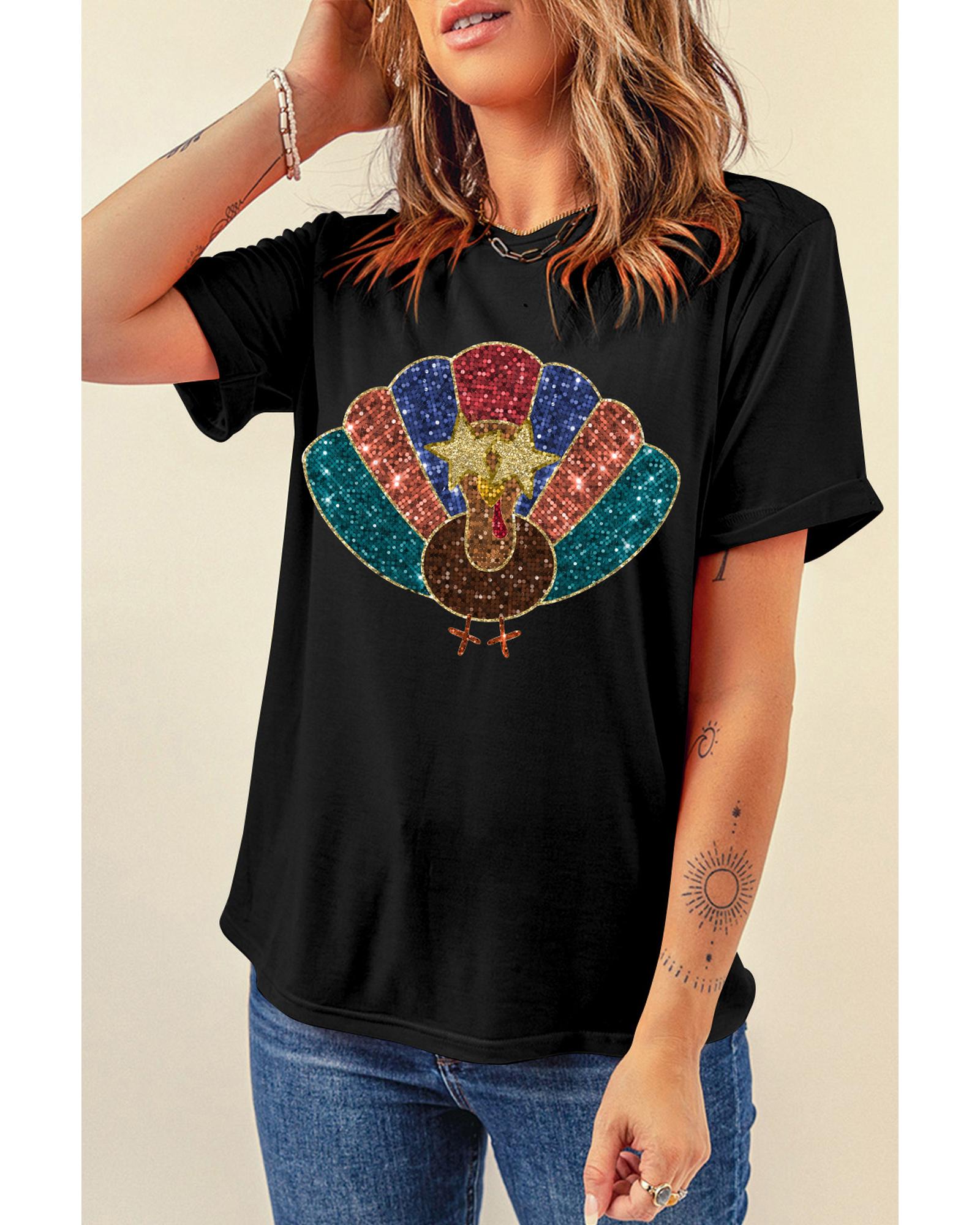 V539-AZEXDC25227047-2-S-202506121842-00 Black Glitter Turkey Heat Transfer Printing Thanksgiving T Shirt - S - Image 1