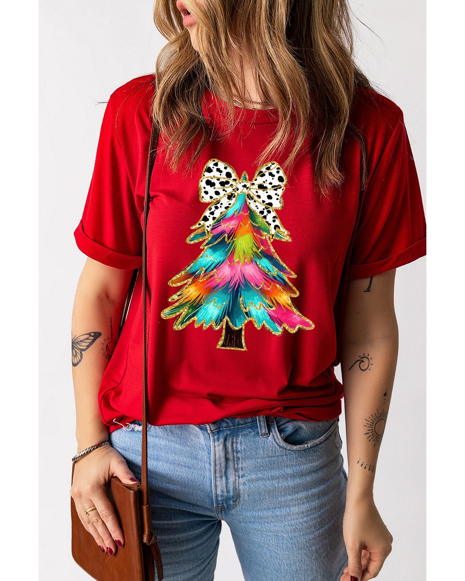 V539-AZEXDC25227210-103-2XL-202508280210-00 Red Bow Decor Christmas Tree Graphic Holiday T Shirt - 2XL - Image 1