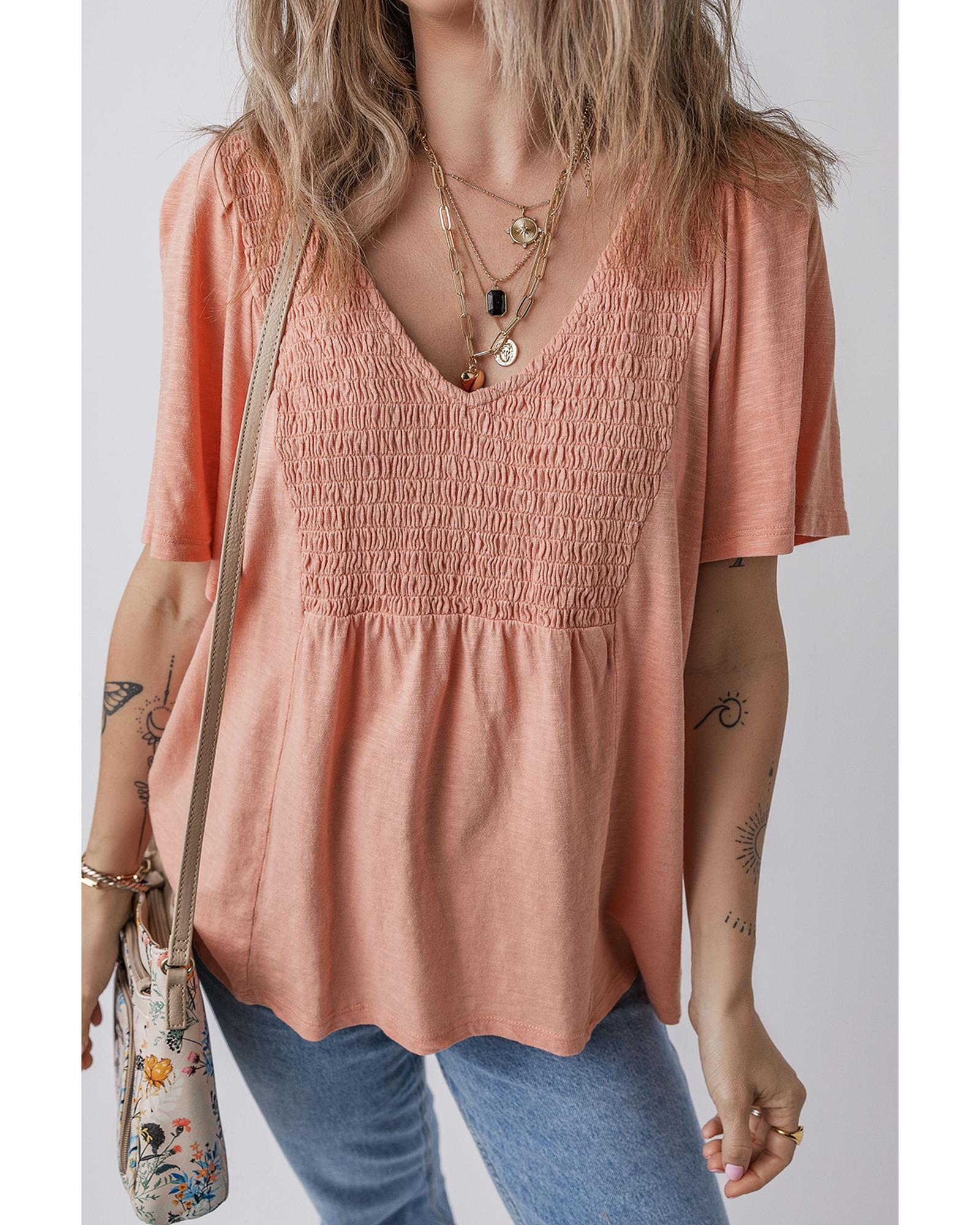 V539-AZEXDC25227260-P1410-XL-202508291330-00 Fushia Smocked Front V Neck Pleated Babydoll Short Sleeve Top - XL - Image 1