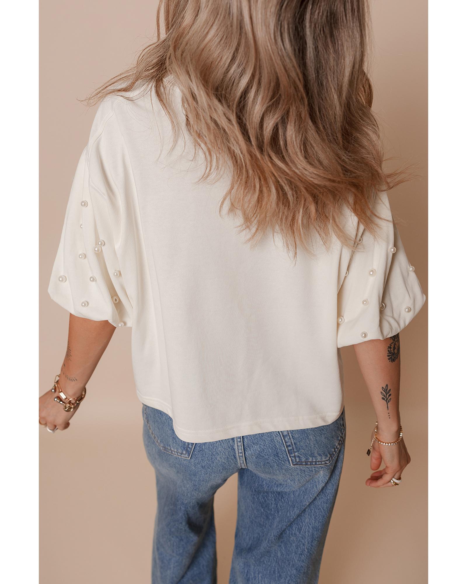 V539-AZEXDC25227298-P1-M-202508300630-00 White Pearled Puff Sleeve Round Neck Loose Top - M - Image 1