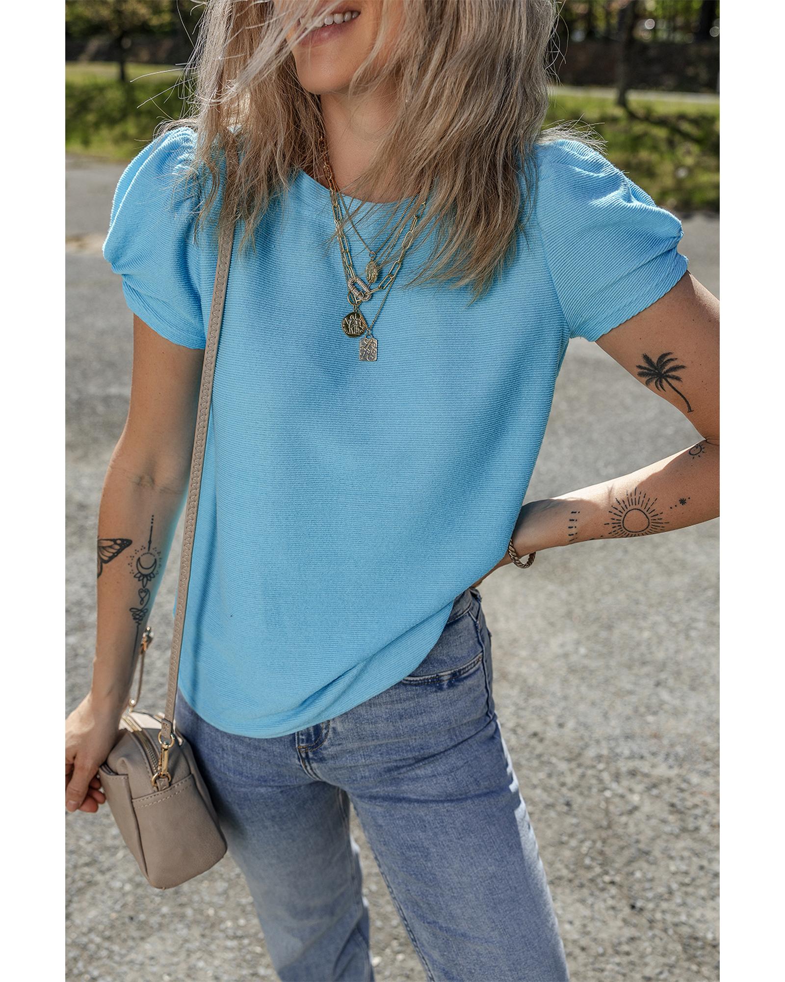 V539-AZEXDC25227314-P4-XL-202508291800-00 Light Blue Bubble Sleeve Solid Color Elegant T-Shirt - XL - Image 1
