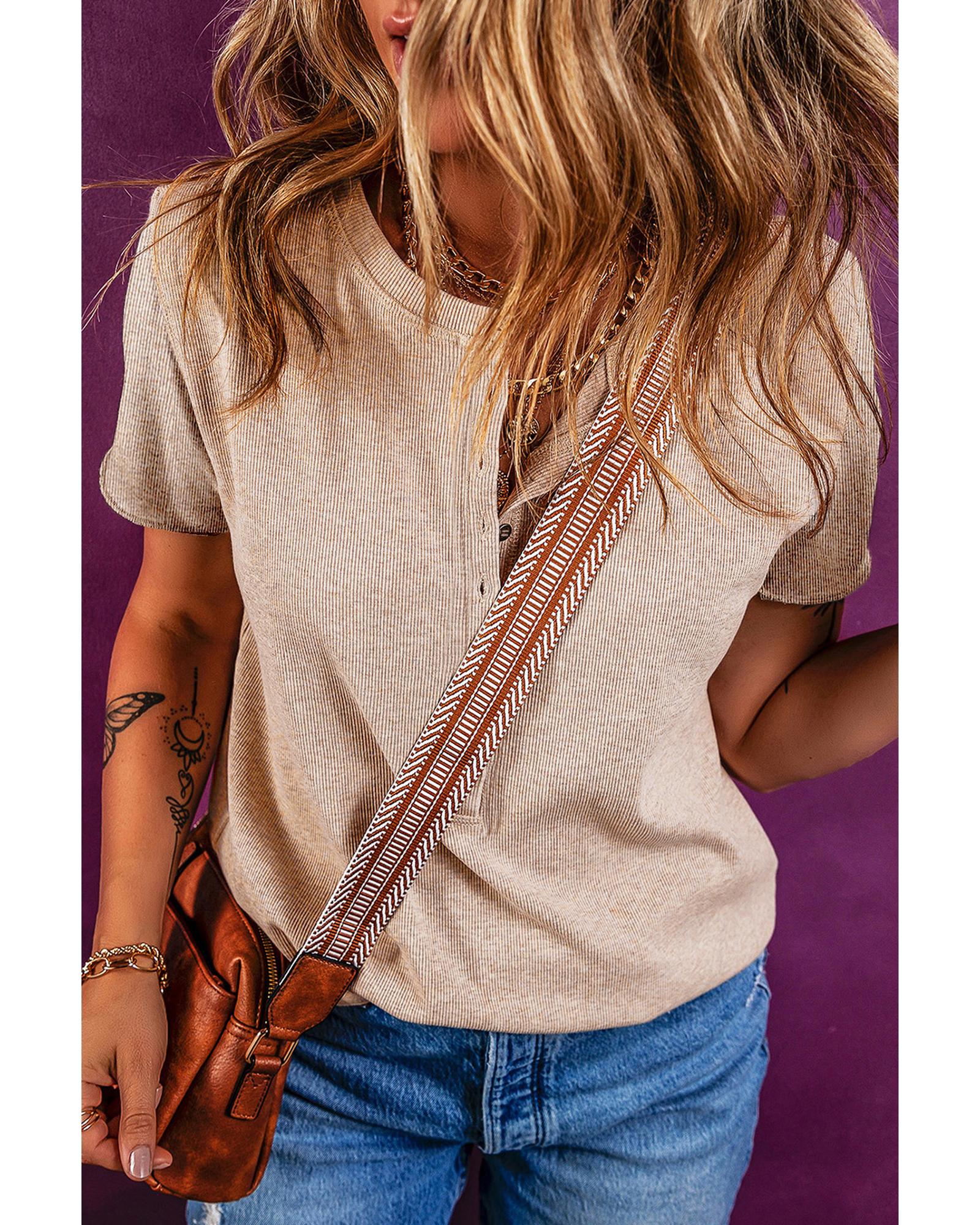 V539-AZEXDC25227320-P1015-L-202508280245-00 Oatmeal Short Sleeve Half Button Ribbed Knit Top - L - Image 1