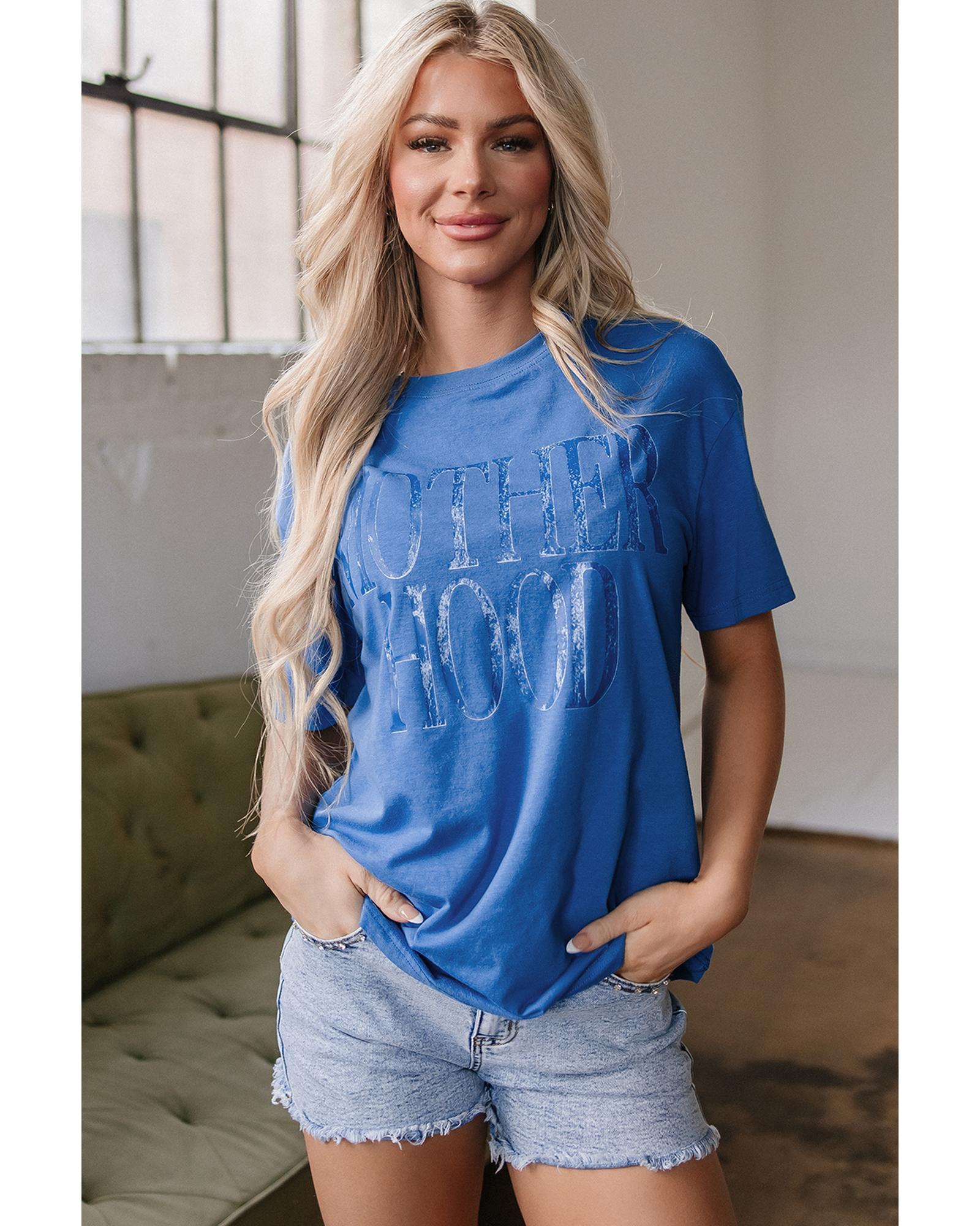 V539-AZEXDC25227479-P205-M-202508300150-00 Sky Blue Vintage MOTHERHOOD Letter Graphic T Shirt - M - Image 1