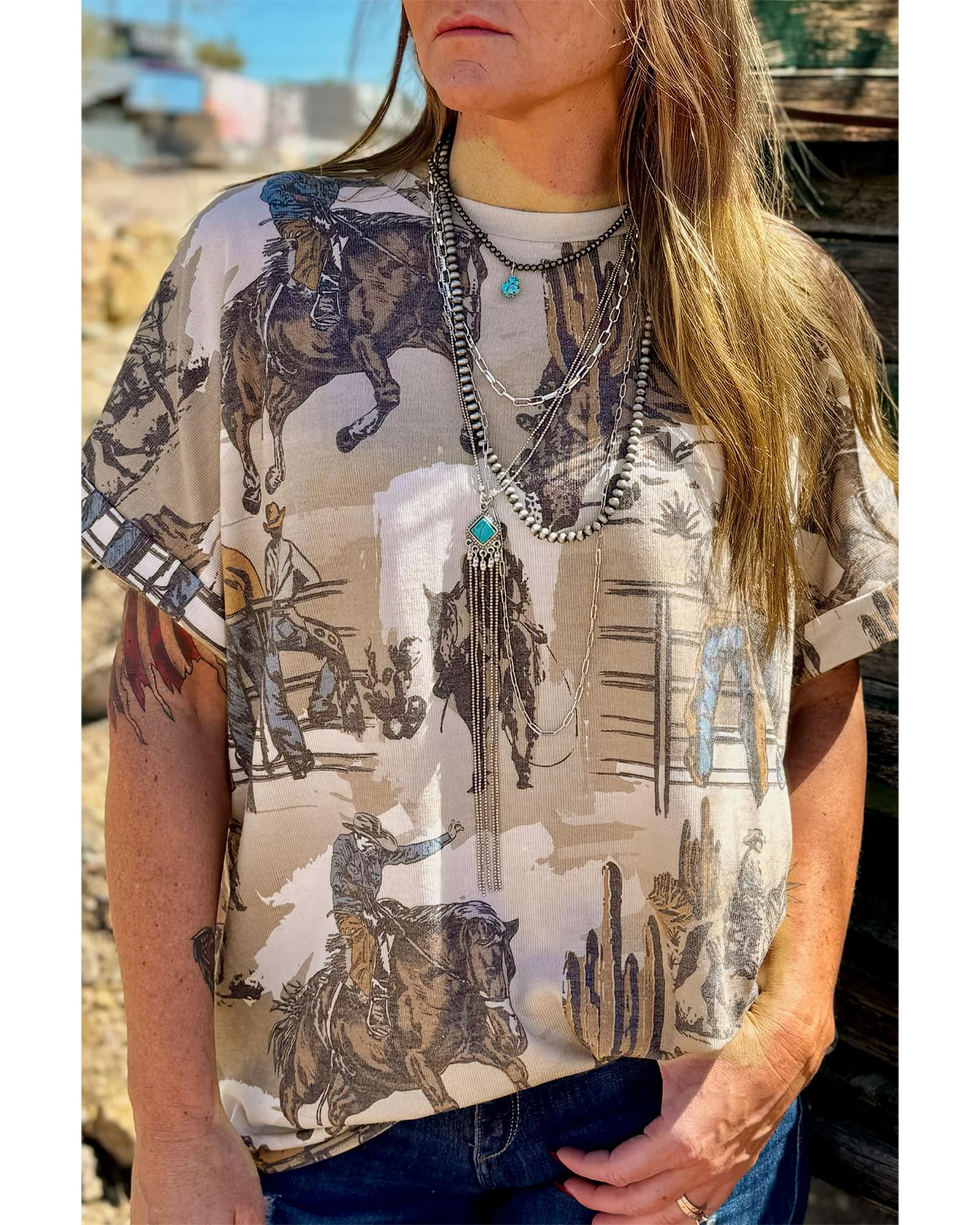 V539-AZEXDC25227498-P1620-L-202508280335-00 Khaki Western Cowboy Print Cuffed Sleeve Crewneck T Shirt - L - Image 1
