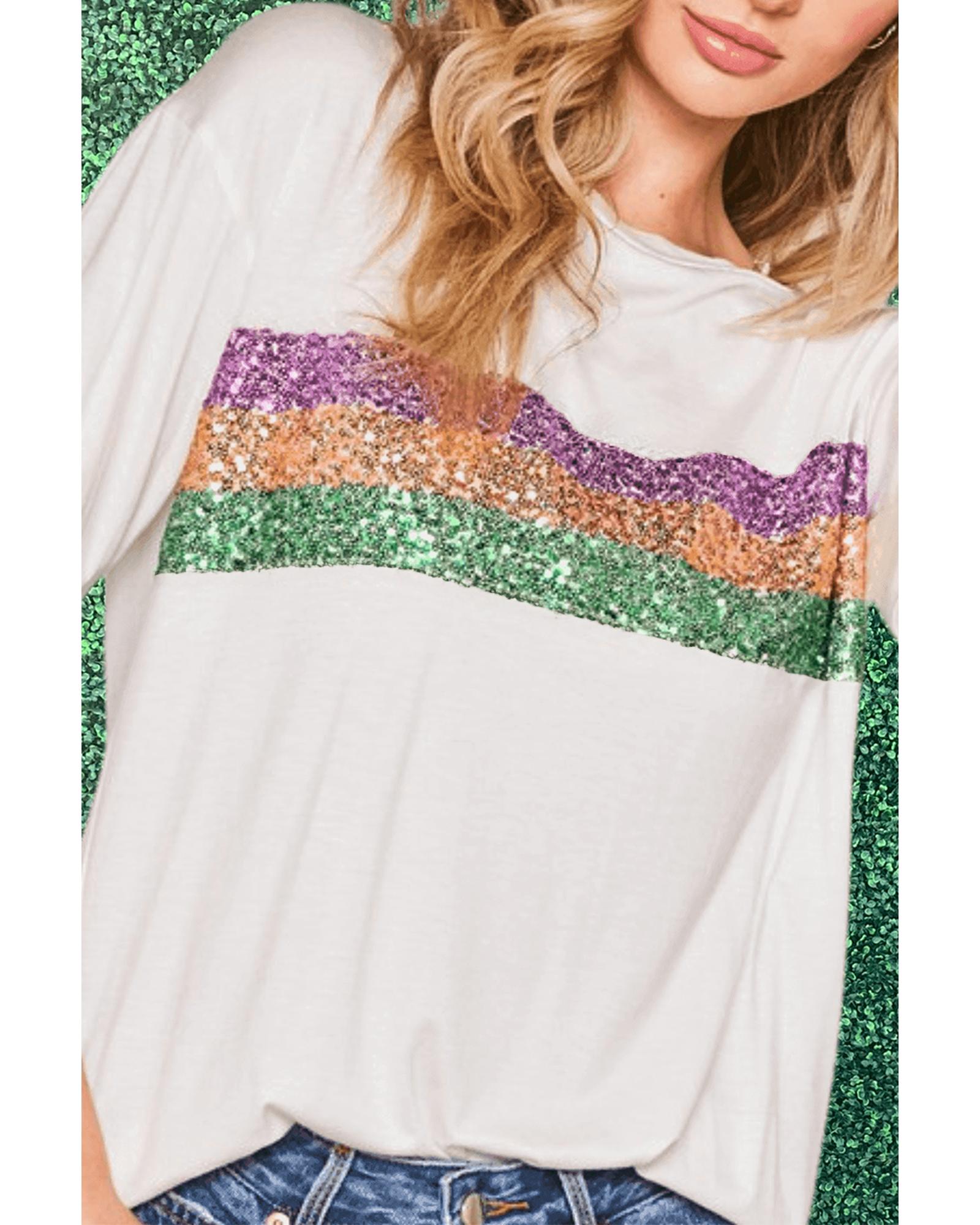V539-AZEXDC25227549-P1-M-202508271850-00 White Sequin Stripes Patchwork Mardi Gras Crew Neck T Shirt - M - Image 1
