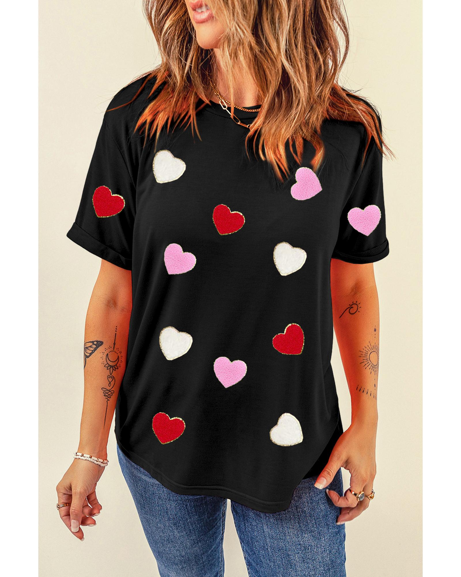 V539-AZEXDC25227608-2-2XL-202508290140-00 Black Valentines Chenille Heart Patched Pattern Crewneck Tee - 2XL - Image 1