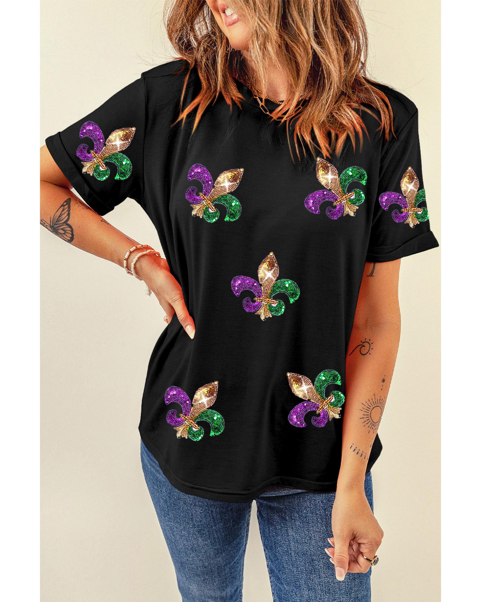 V539-AZEXDC25227609-2-S-202506121941-00 Black Mardi Gras Symbol Patched Crewneck T Shirt - S - Image 1