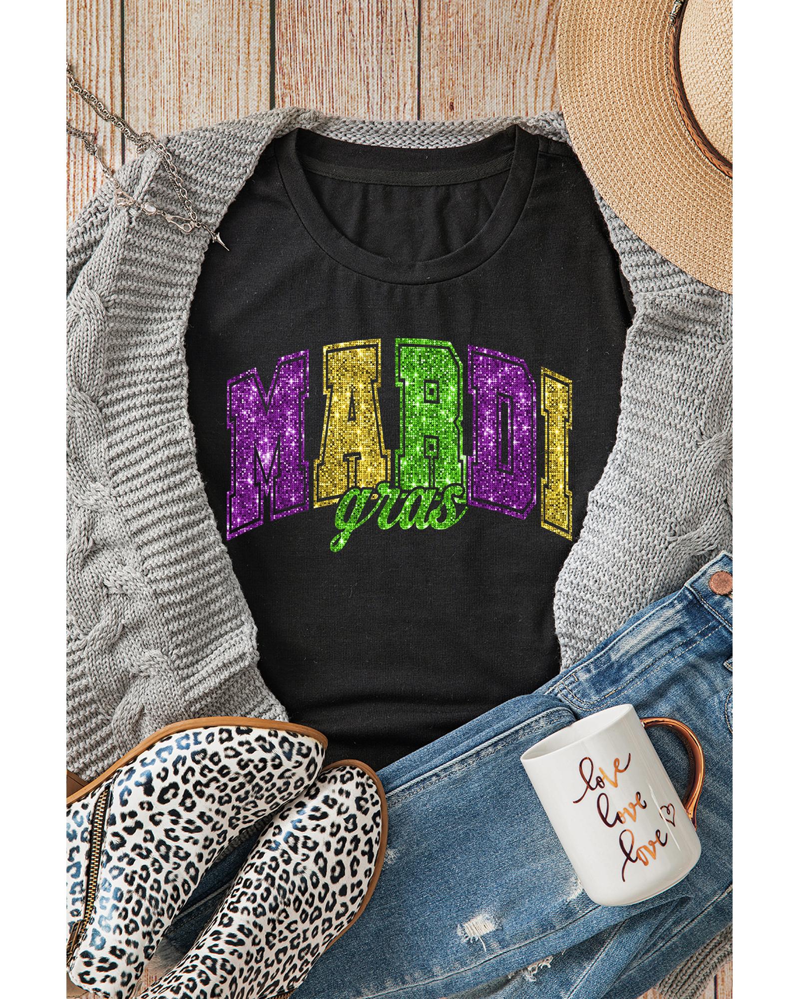 V539-AZEXDC25227634-2-L-202508292315-00 Black Mardi Gras Heat Transfer Graphic Holiday Tee - L - Image 1