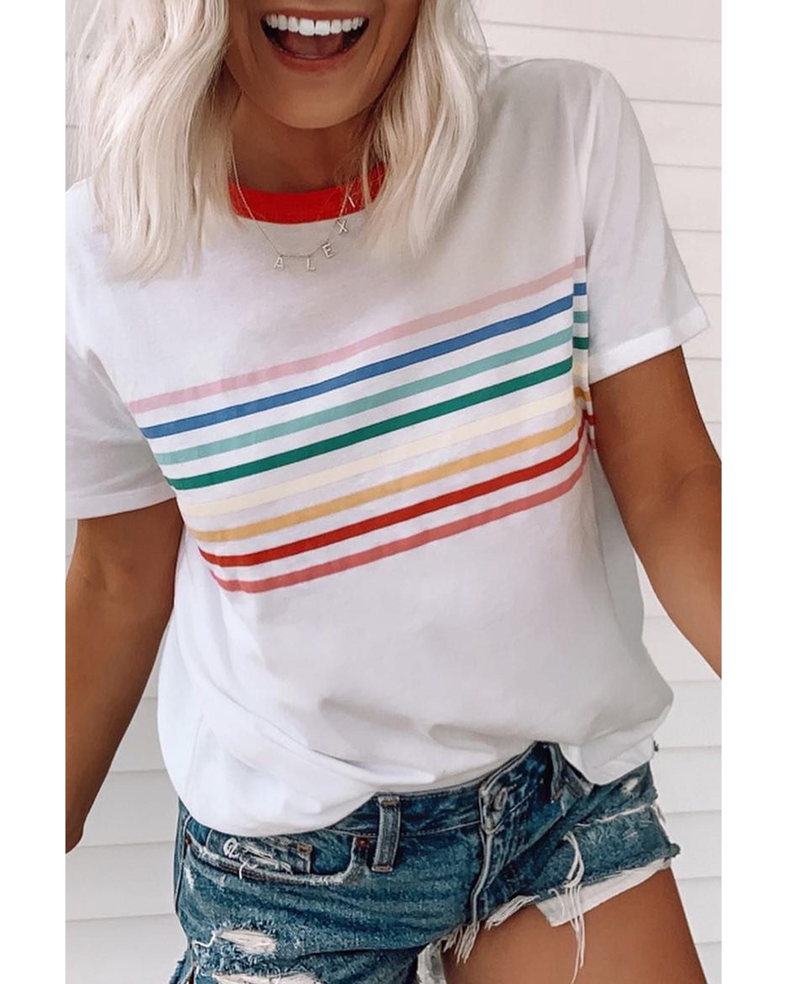 V539-AZEXDC25227708-P1-M-202508280355-00 White Rainbow Stripe Print Contrast Crewneck T Shirt - M - Image 1
