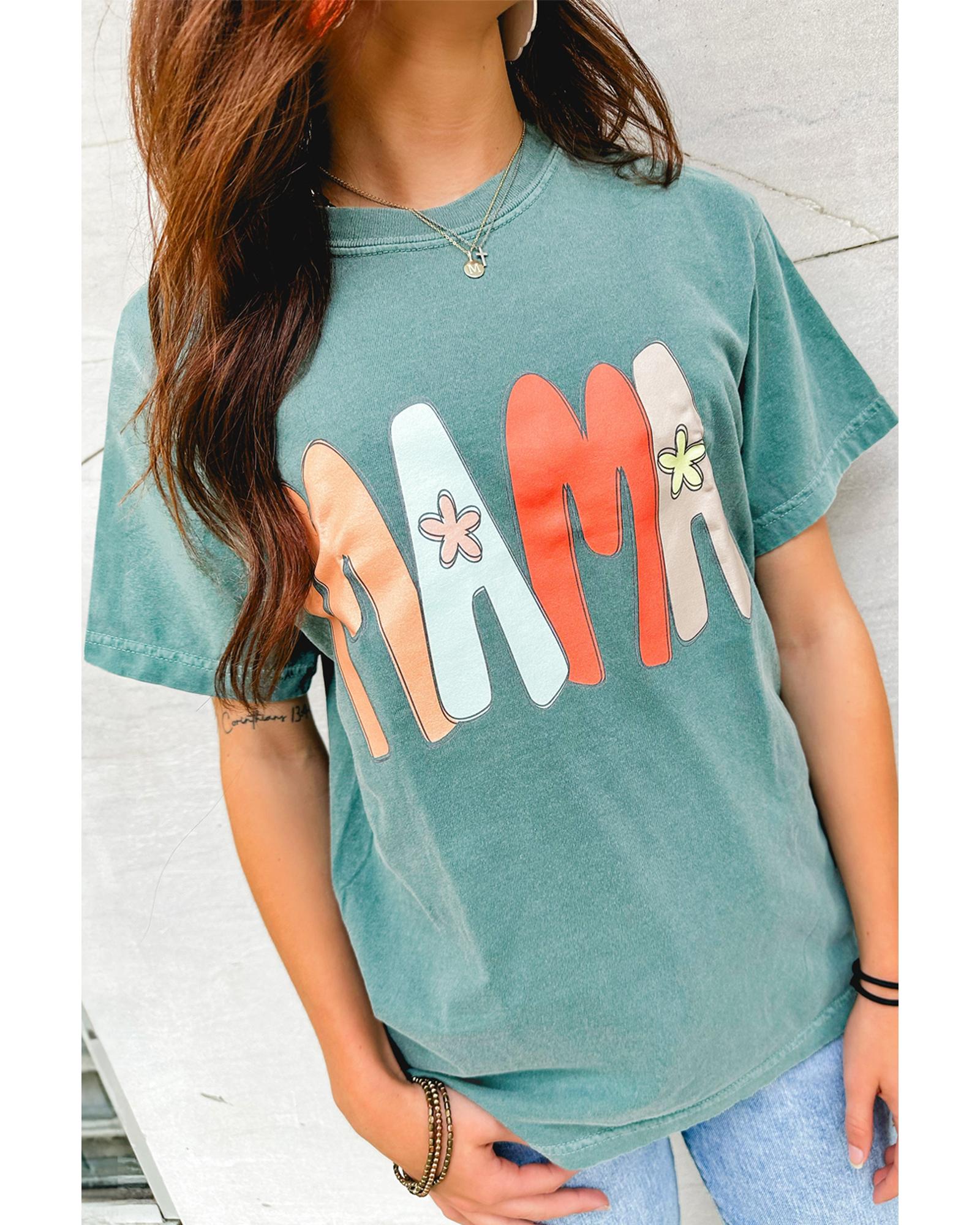 V539-AZEXDC25227746-P409-S-202508300440-00 Sea Green MAMA Printed Mineral Wash Crewneck T Shirt - S - Image 1