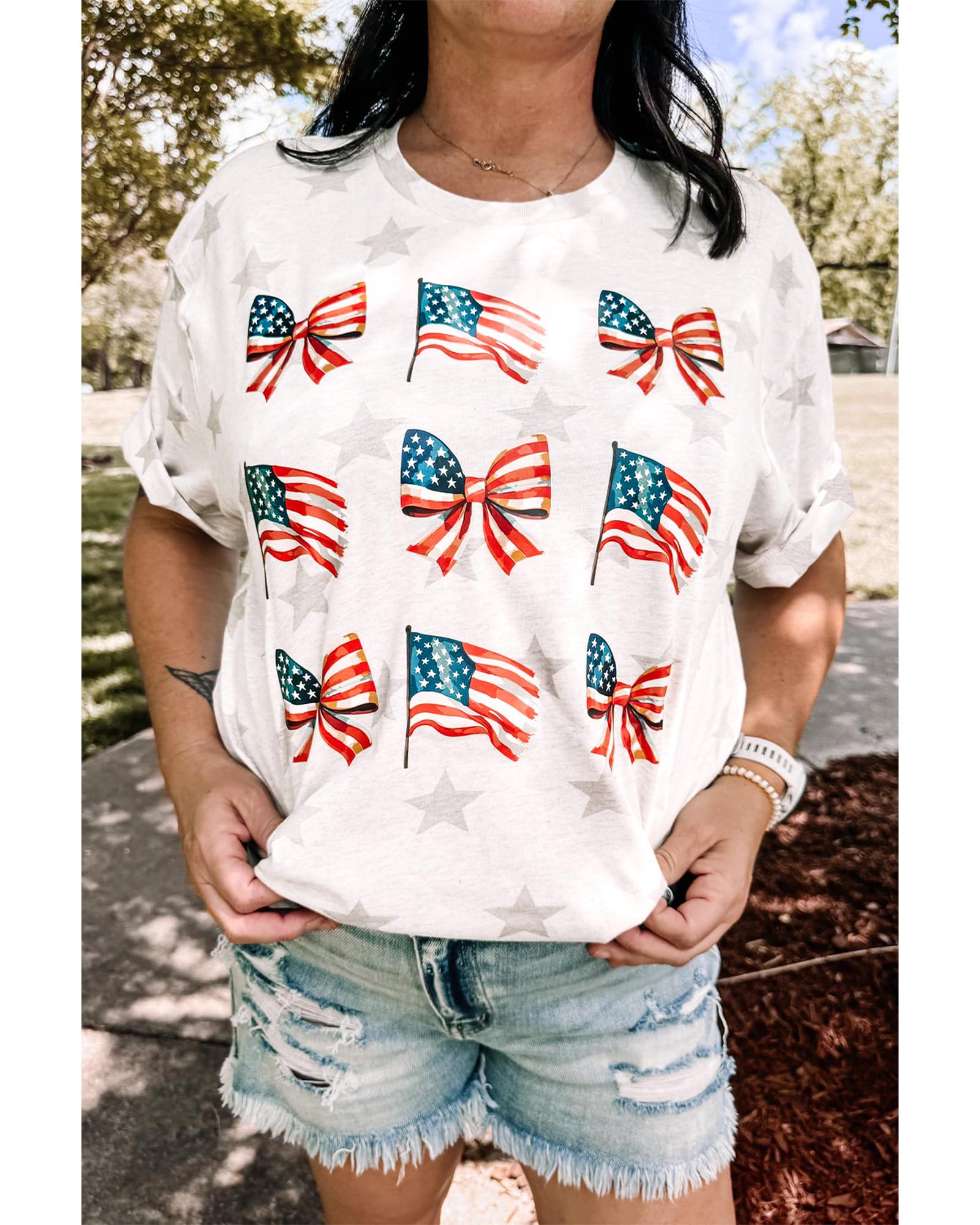 V539-AZEXDC25227758-P1620-M-202508281300-00 Khaki Patriotic Flag Bow Graphic Starry Round Neck T Shirt - M - Image 1