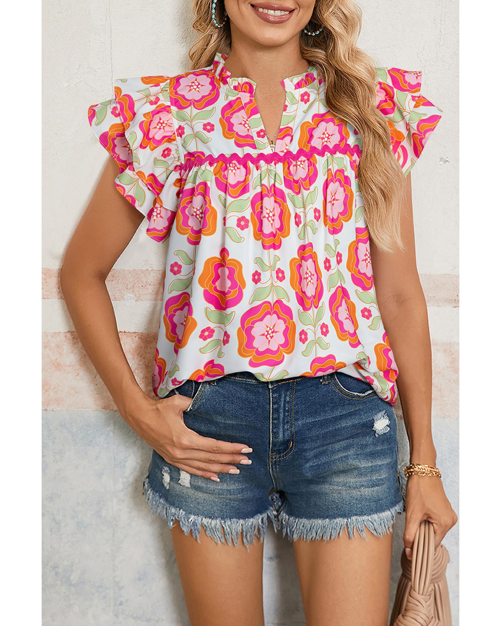 V539-AZEXDC25227798-P620-S-202508281530-00 Rose Floral Ruffled Sleeve Ric-rac Trim Split Neck Loose Blouse - S - Image 1