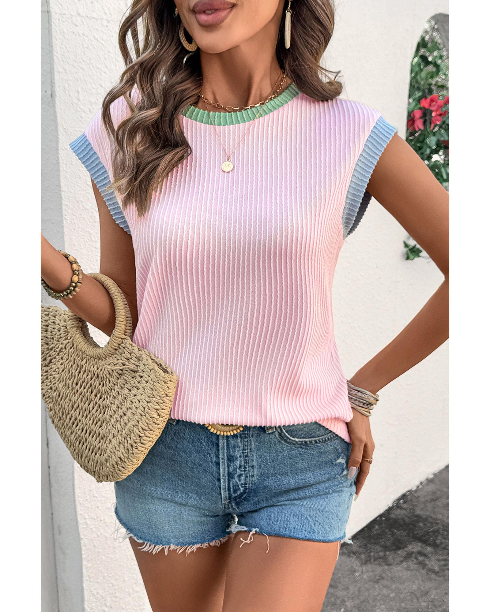 V539-AZEXDC25227942-P1022-XL-202508291320-00 Pink Color Block Corded Knit Crew Neck Tee - XL - Image 1