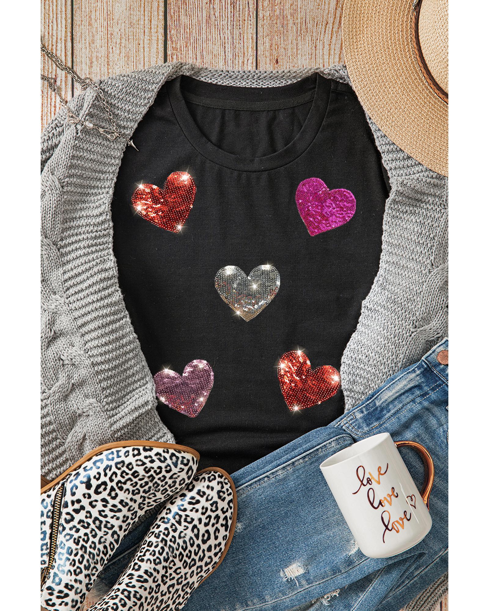 V539-AZEXDC25227985-2-M-202508280255-00 Black Sequin Heart Patched Pattern Crewneck Valentines Tee - M - Image 1