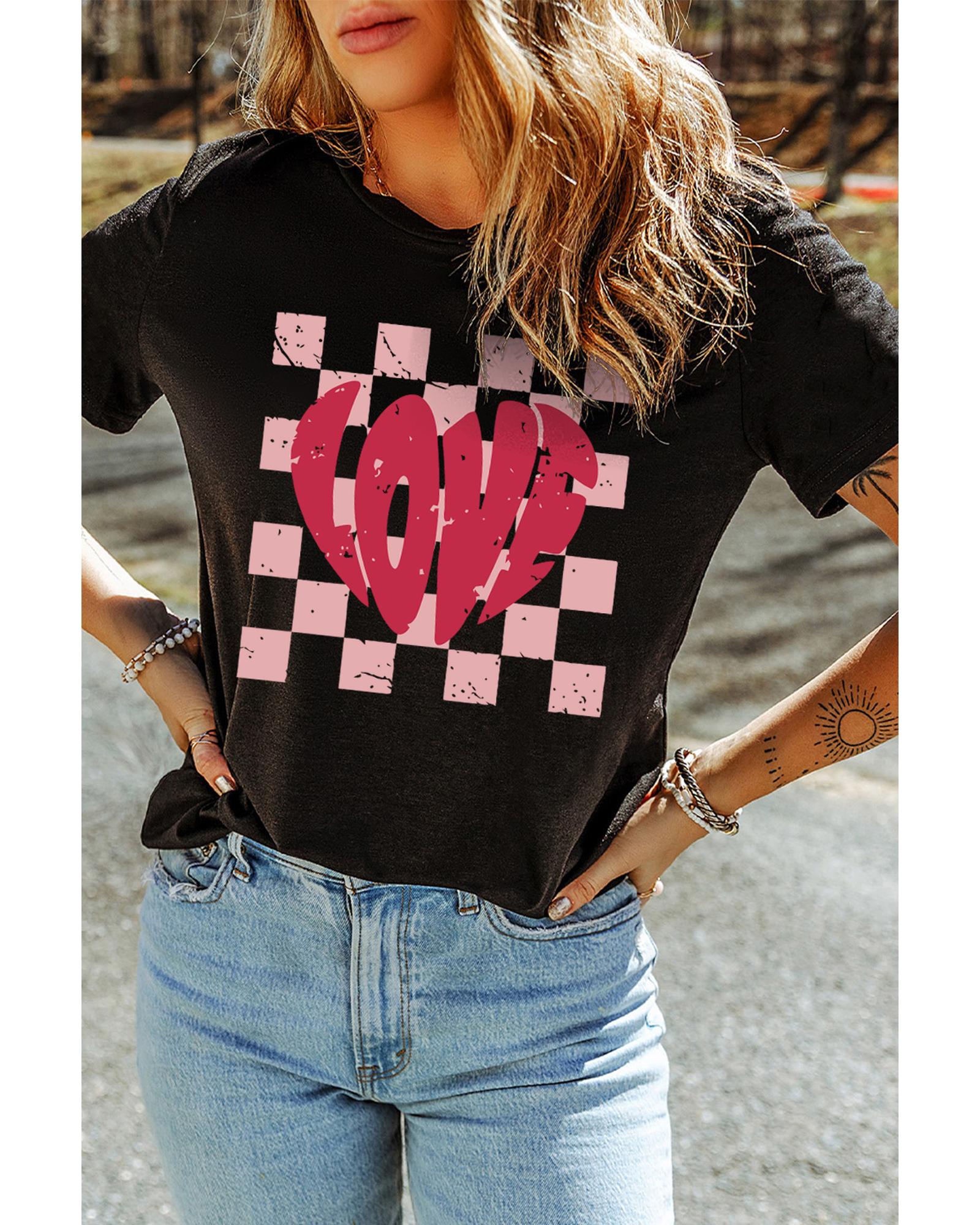 V539-AZEXDC25228033-2-L-202506121822-00 Black LOVE Checkered Graphic Valentine Tee - L - Image 1