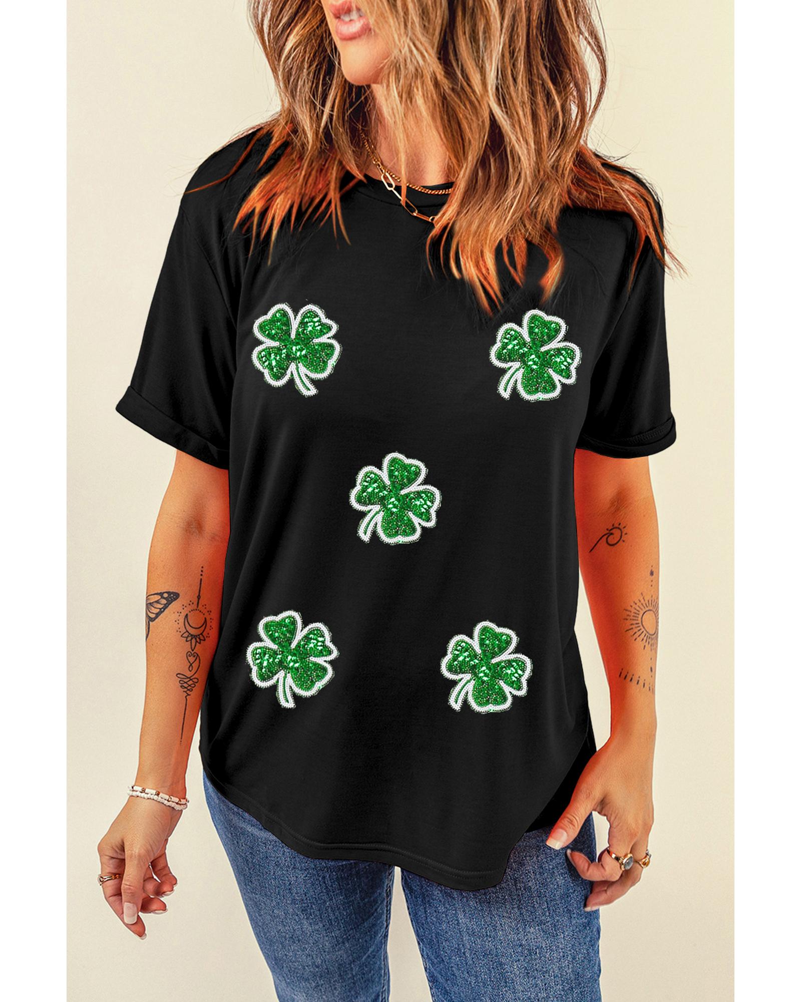 V539-AZEXDC25228037-2-S-202506121831-00 Black Four Leaf Clover Graphic St. Patricks Crewneck Tee - S - Image 1