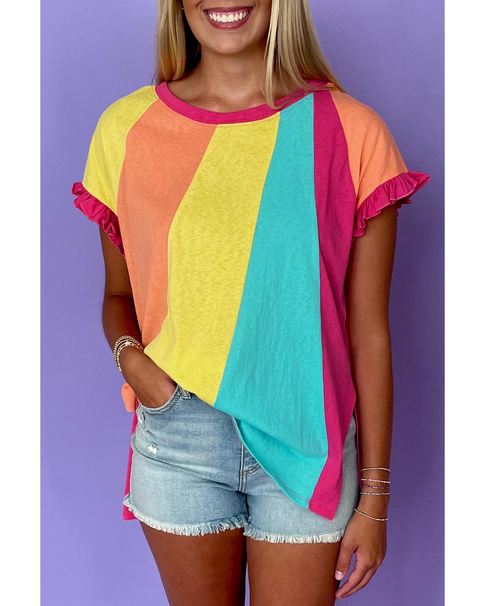 V539-AZEXDC25228071-P6-M-202508271740-00 Rose Red Color Block Ruffled Crew Neck Loose Fit T Shirt - M - Image 1