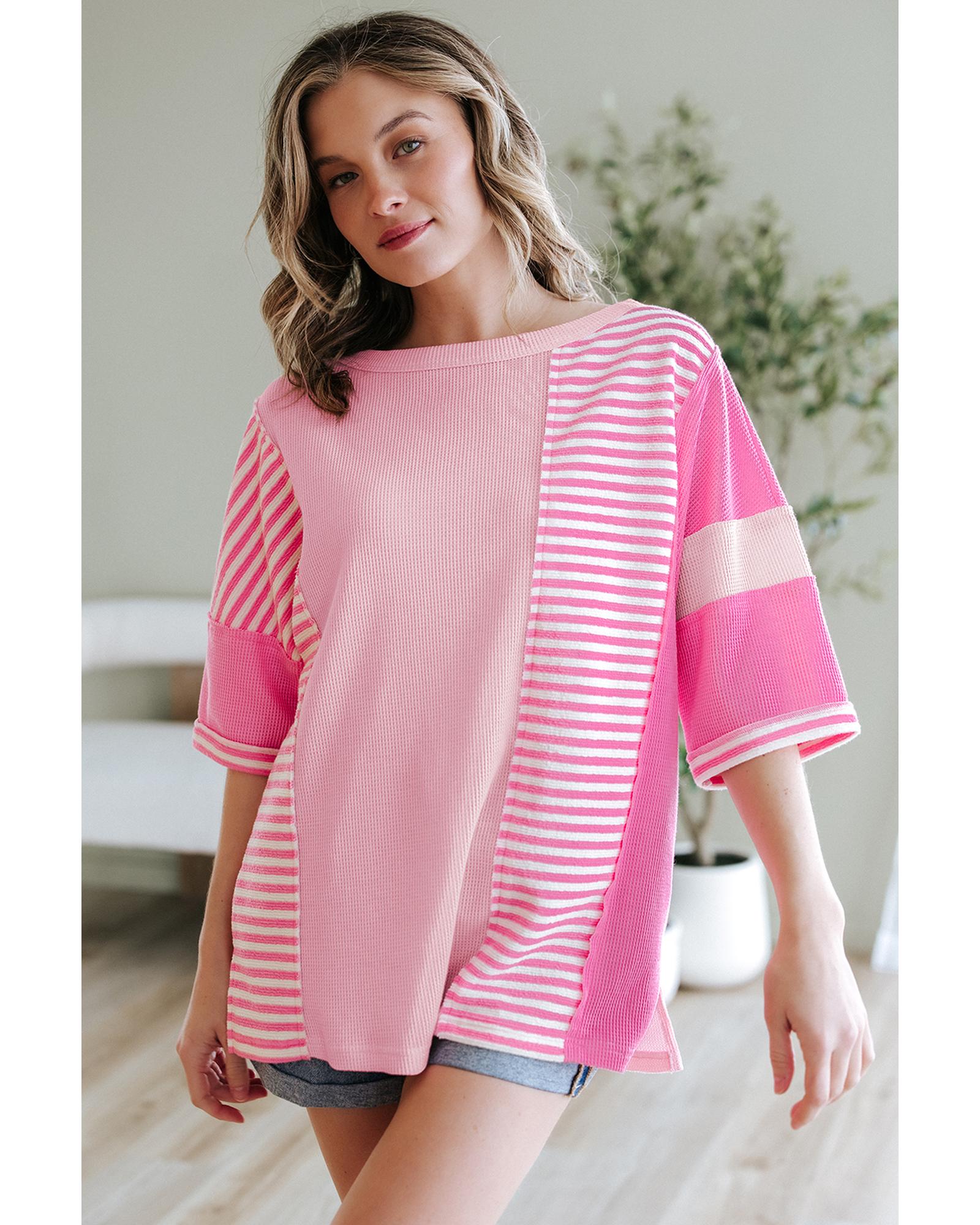 V539-AZEXDC25228123-P1019-L-202508280210-00 Pink Stripe Color Block Patchwork Loose Half Sleeve T Shirt - L - Image 1