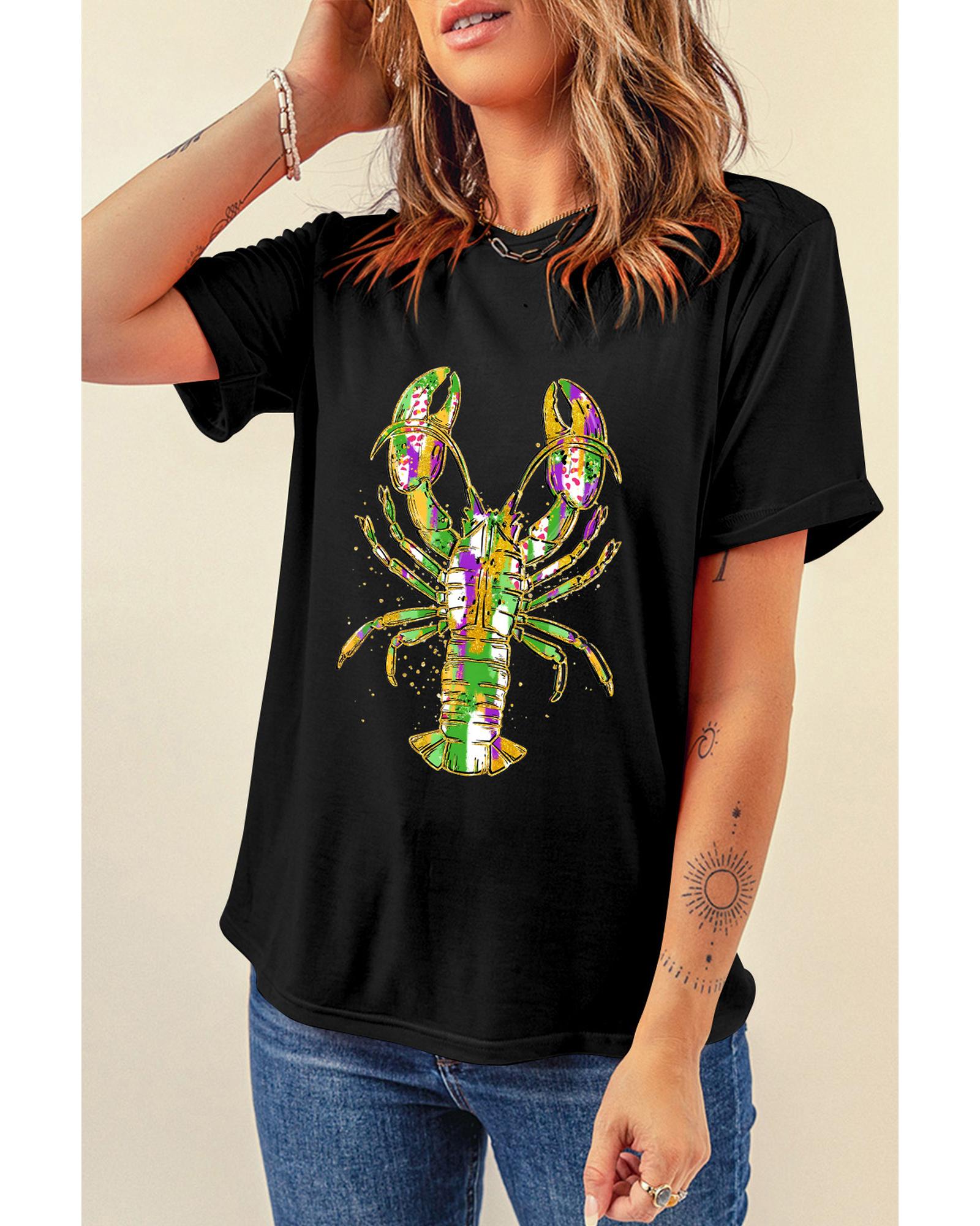 V539-AZEXDC25228175-2-S-202506130120-00 Black Mardi Gras Lobster Heat Transfer Graphic T Shirt - S - Image 1