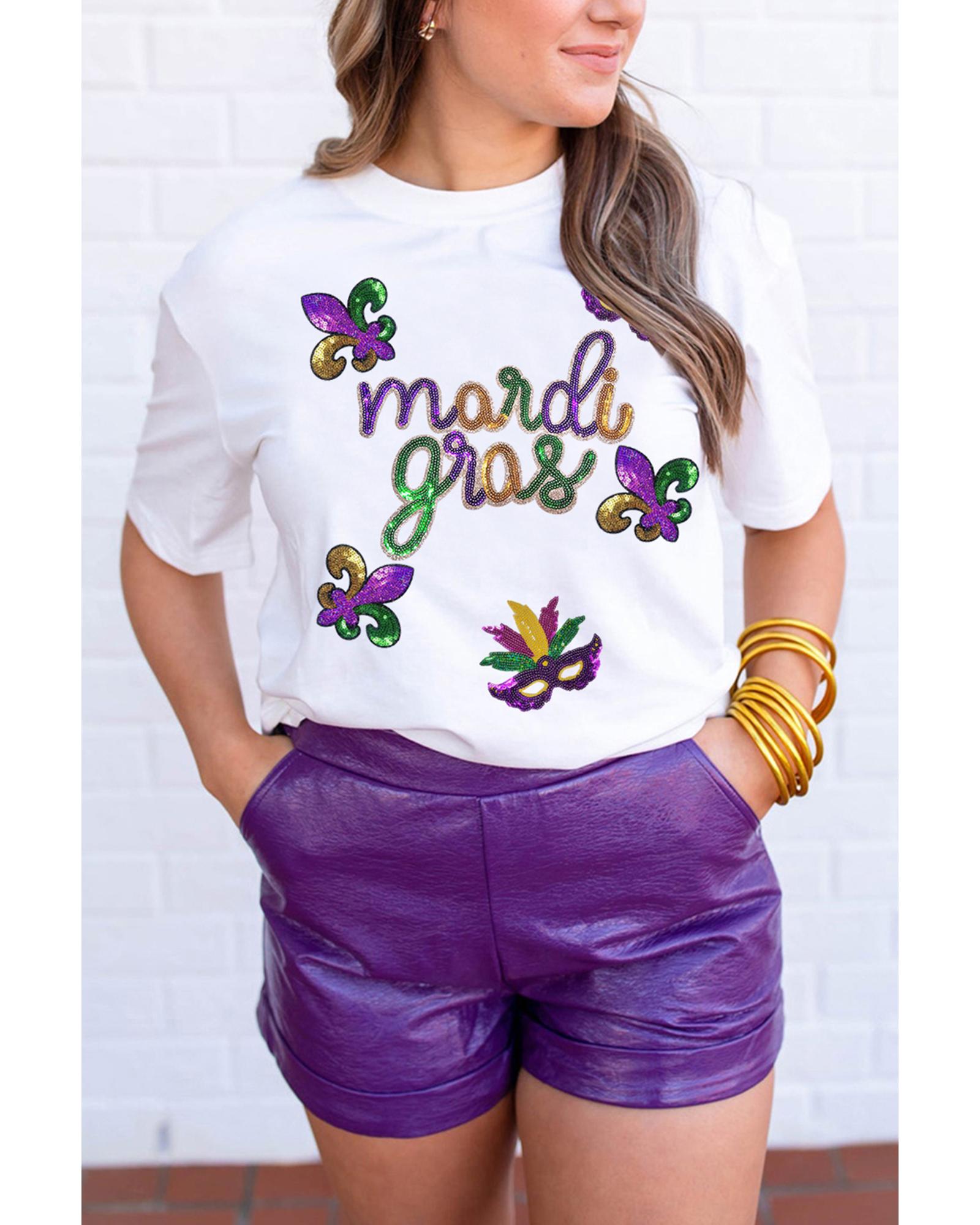 V539-AZEXDC25228253-1-2XL-202508292240-00 White Sequin Mardi Gras Pattern Graphic Crew Neck Tee - 2XL - Image 1