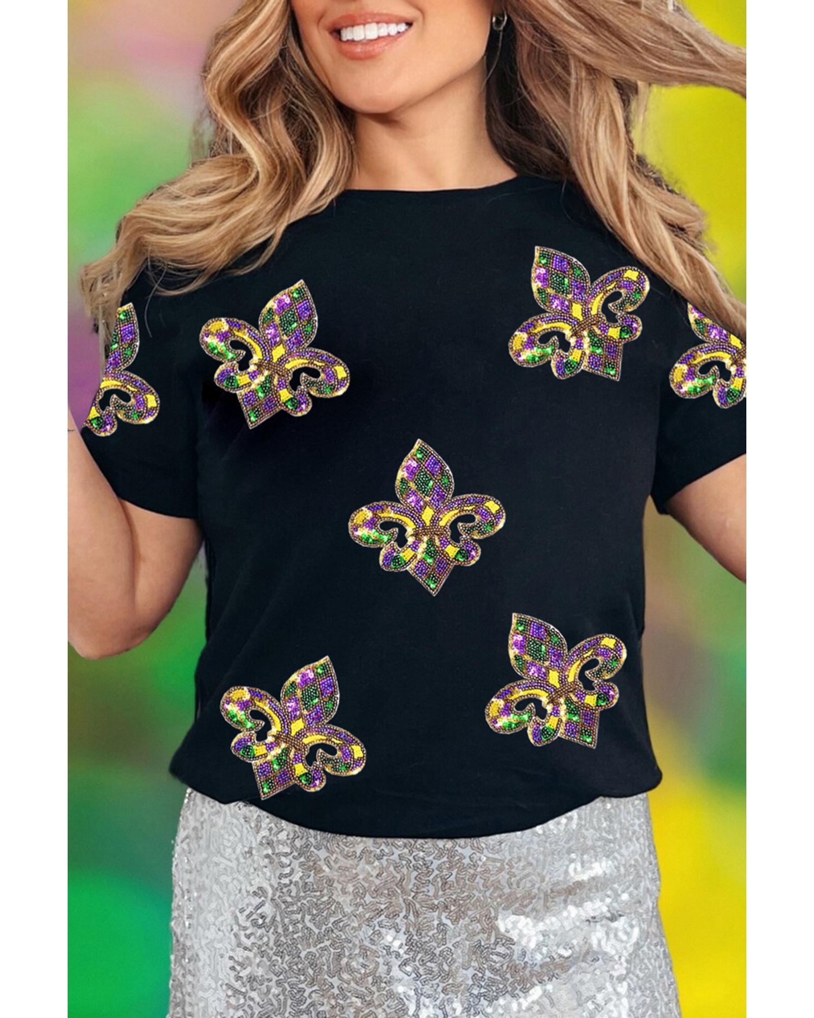 V539-AZEXDC25228259-2-XL-202508281635-00 Black Maid Gras Sequin Fleur de Lis Graphic T Shirt - XL - Image 1
