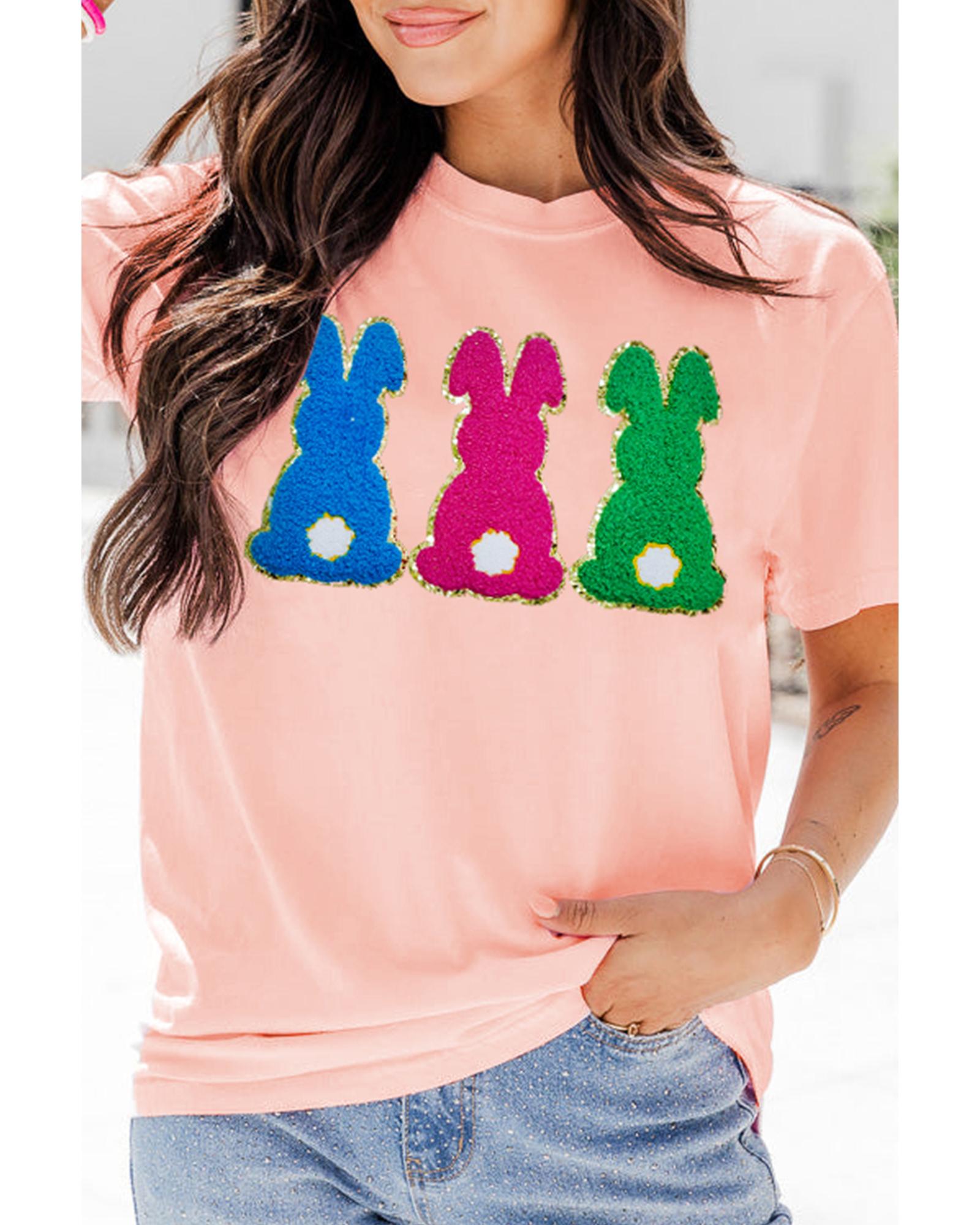 V539-AZEXDC25228306-10-XL-202508290045-00 Pink Easter Bunny Chenille Patched Graphic Tee - XL - Image 1