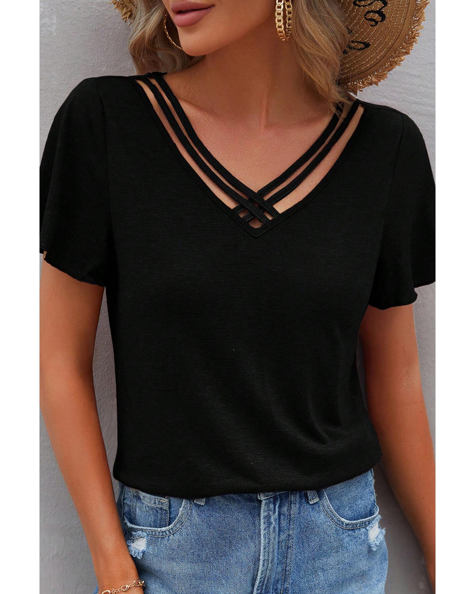 V539-AZEXDC25228352-P2-S-202506122140-00 Black Crisscross V Neck Butterfly Sleeve T Shirt - S - Image 1