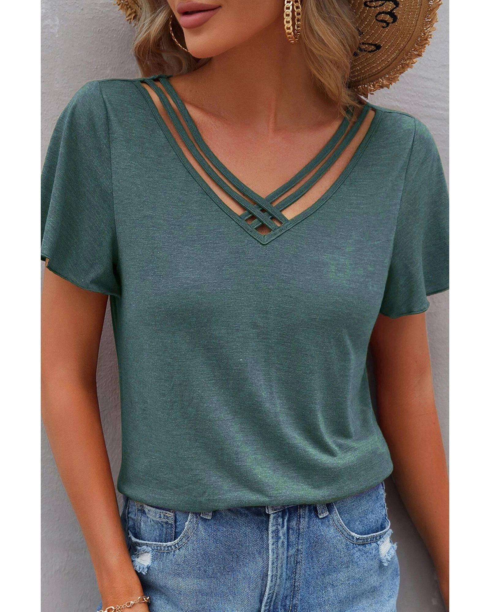 V539-AZEXDC25228352-P509-S-202506122142-00 Mist Green Crisscross V Neck Butterfly Sleeve T Shirt - S - Image 1