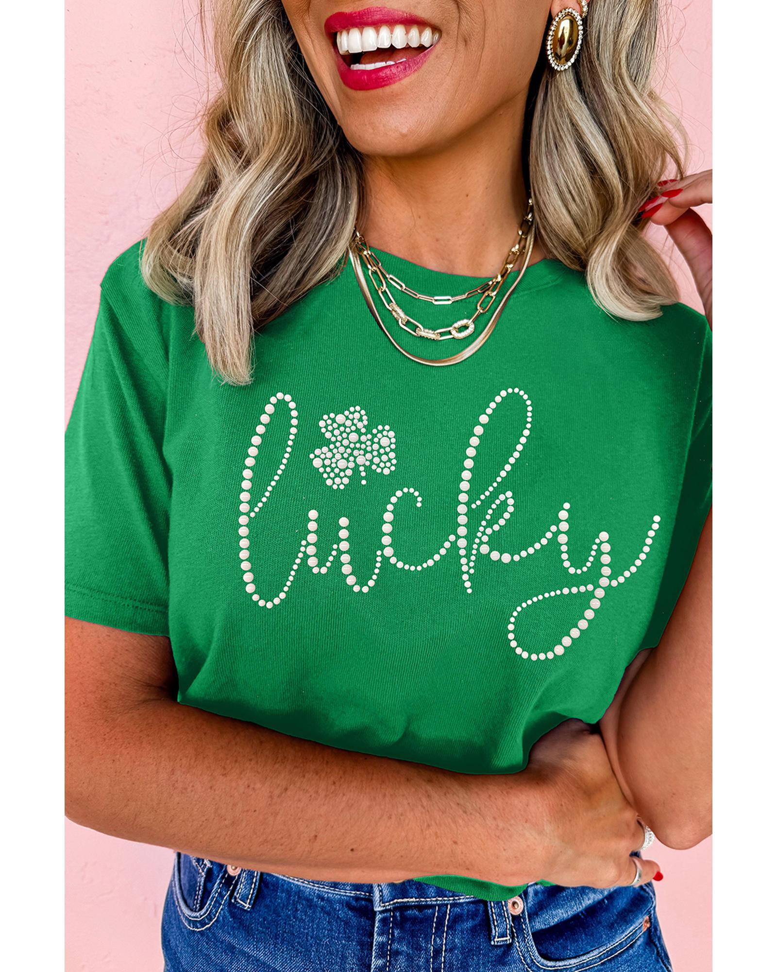 V539-AZEXDC25228358-P109-L-202508300345-00 Bright Green Ceramic Rhinestone Lucky Clover Graphic Tee - L - Image 1