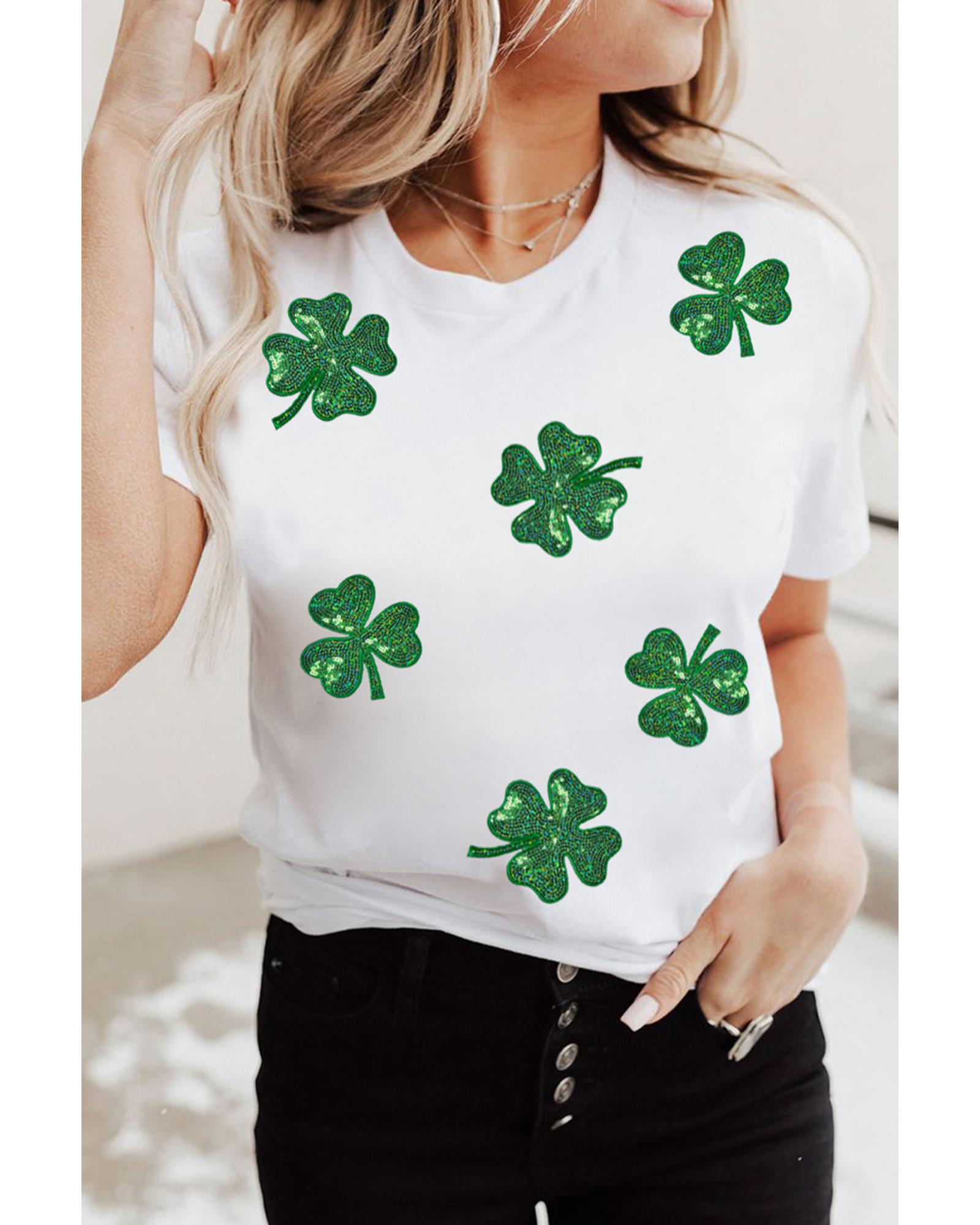 V539-AZEXDC25228369-1-3XL-202508290145-00 White Sequin Lucky Clover Graphic Crewneck Tee - 3XL - Image 1