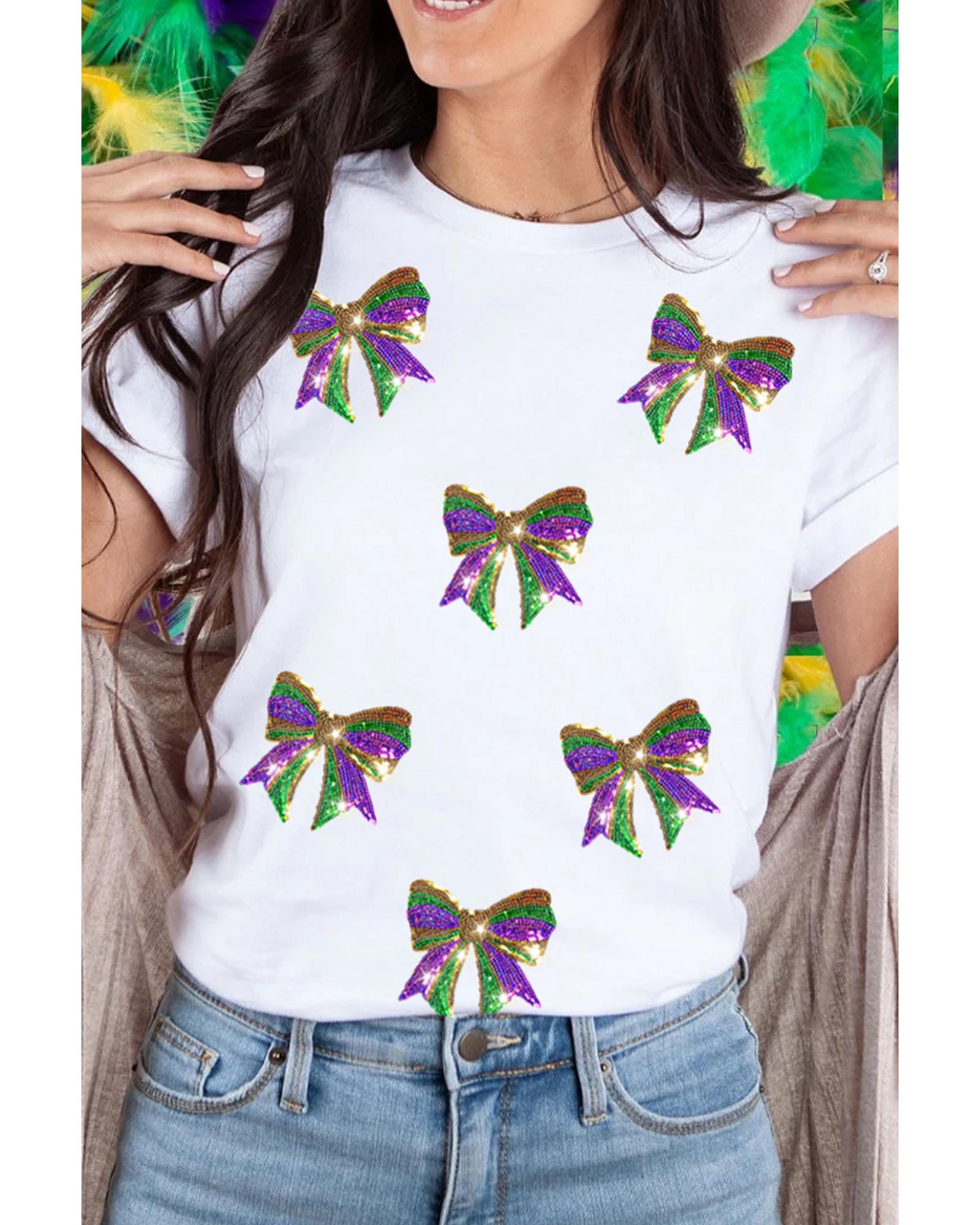 V539-AZEXDC25228371-1-2XL-202508292040-00 White Sequin Mardi Gras Bow Graphic Crewneck Tee - 2XL - Image 1