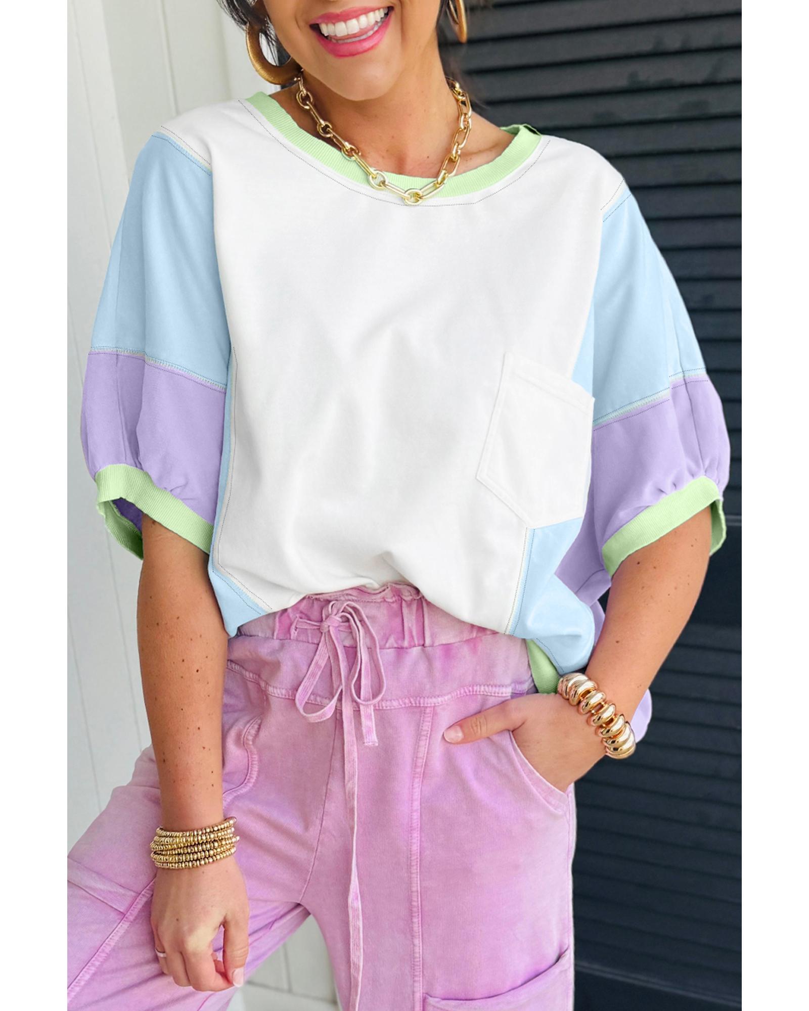 V539-AZEXDC25228417-P122-M-202508280355-00 White Color Block Patchwork Half Sleeve Oversized T Shirt - M - Image 1