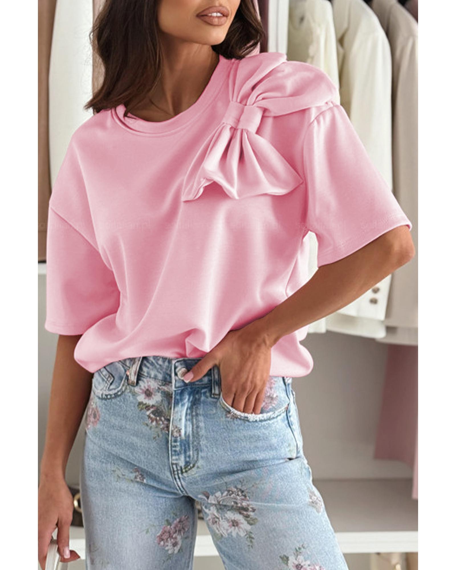 V539-AZEXDC25228450-P10-XL-202508292000-00 Pink Bow Applique Half Sleeve T-shirt - XL - Image 1