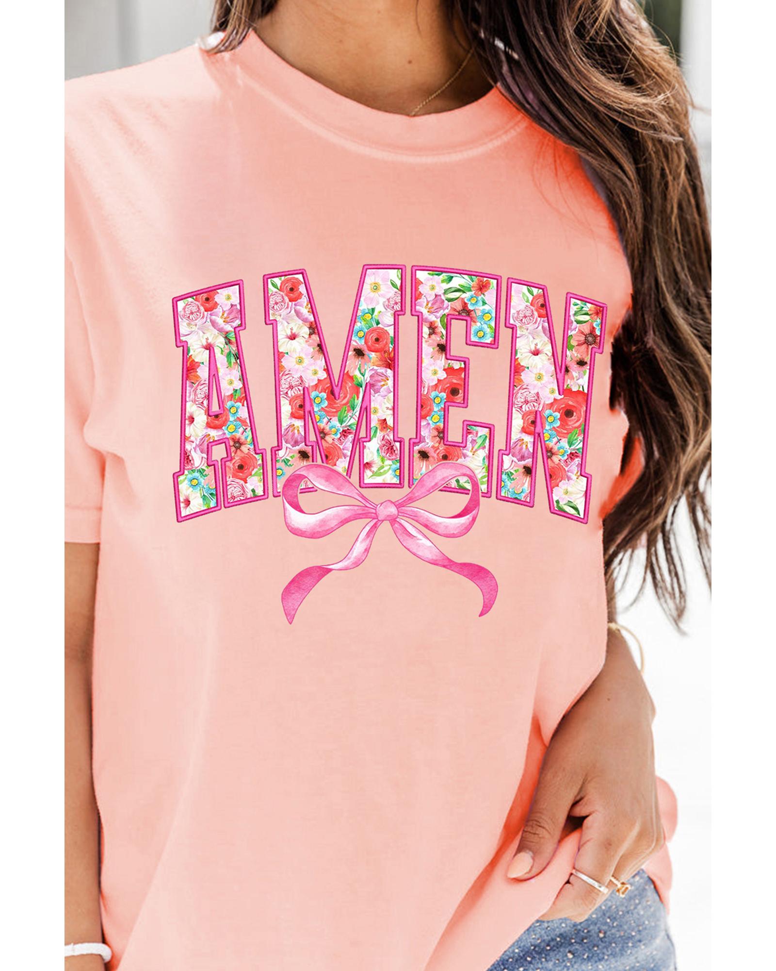V539-AZEXDC25228528-10-3XL-202508281015-00 Pink Floral AMEN Bow Graphic Crewneck T Shirt - 3XL - Image 1