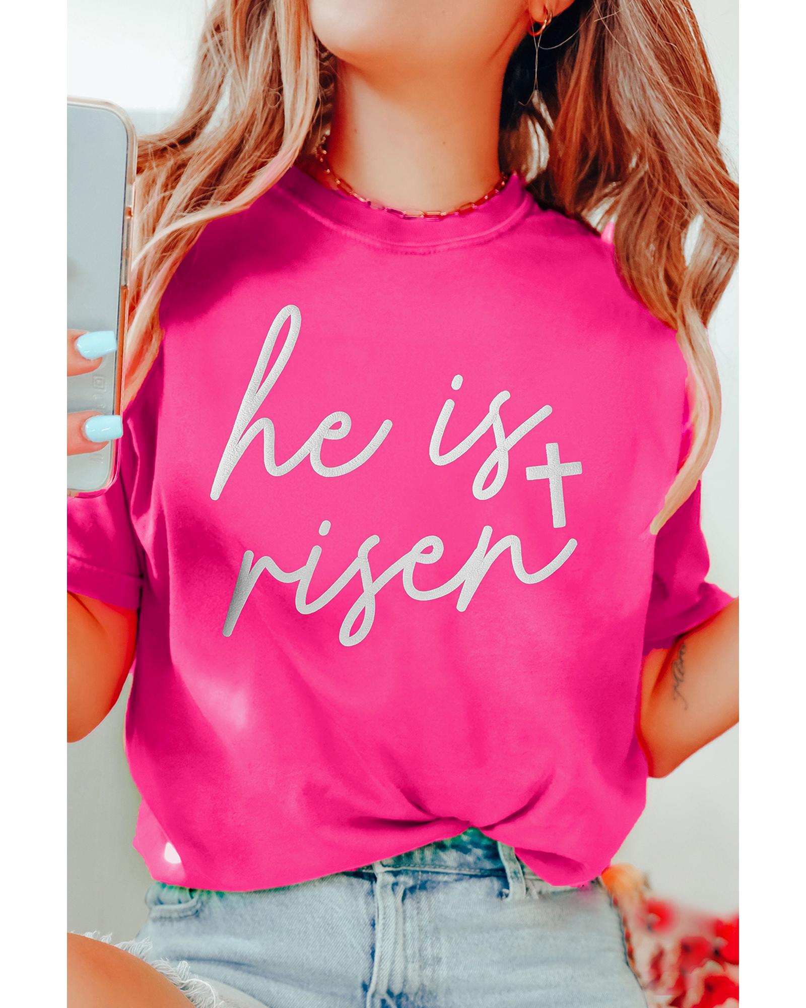 V539-AZEXDC25228529-P6-2XL-202508290055-00 Rose Red Glitter he is risen Cross Printed Crewneck Tee - 2XL - Image 1