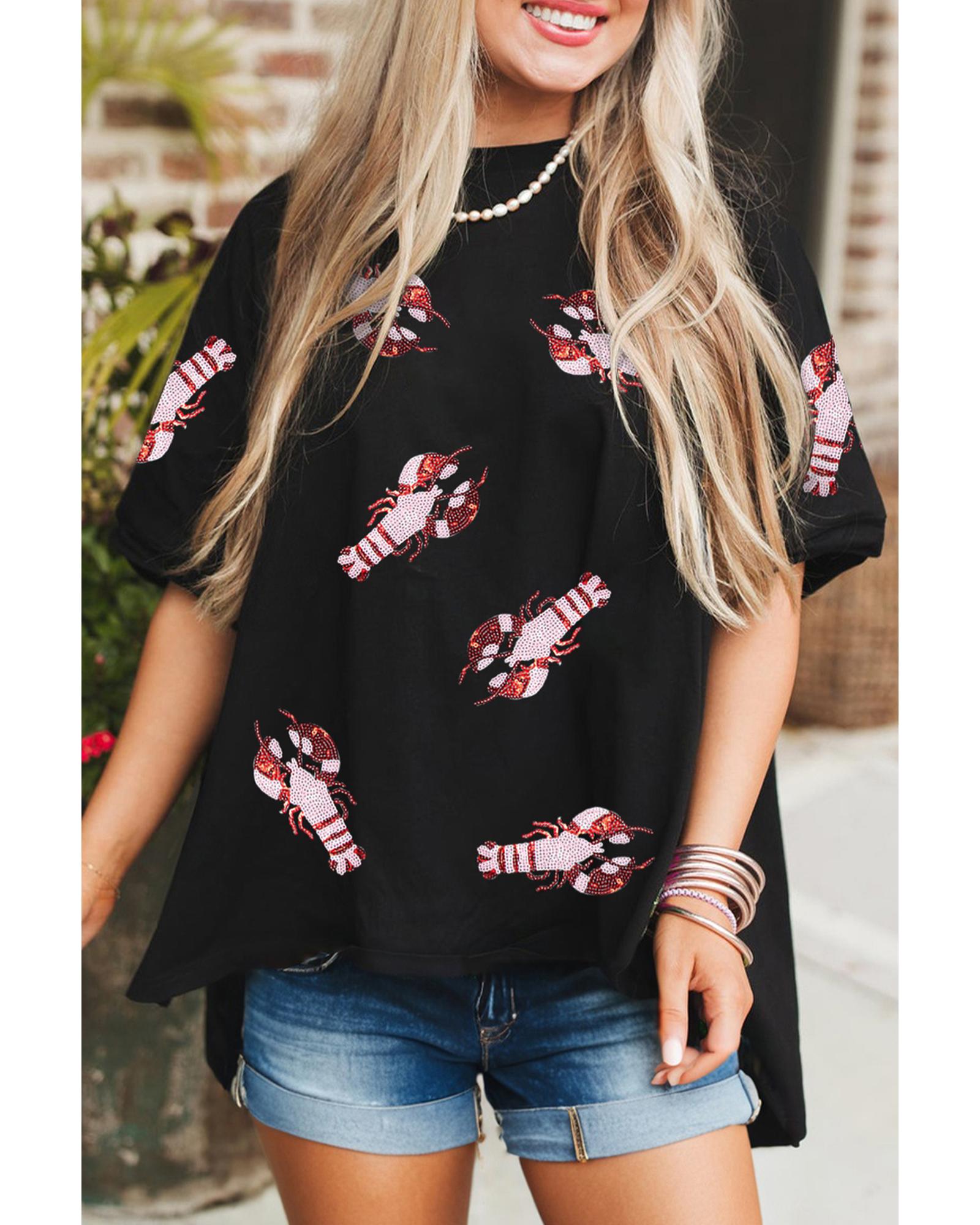 V539-AZEXDC25228537-P2-S-202506122320-00 Black Sequin Crayfish Graphic Drop Sleeve High Low Tee - S - Image 1