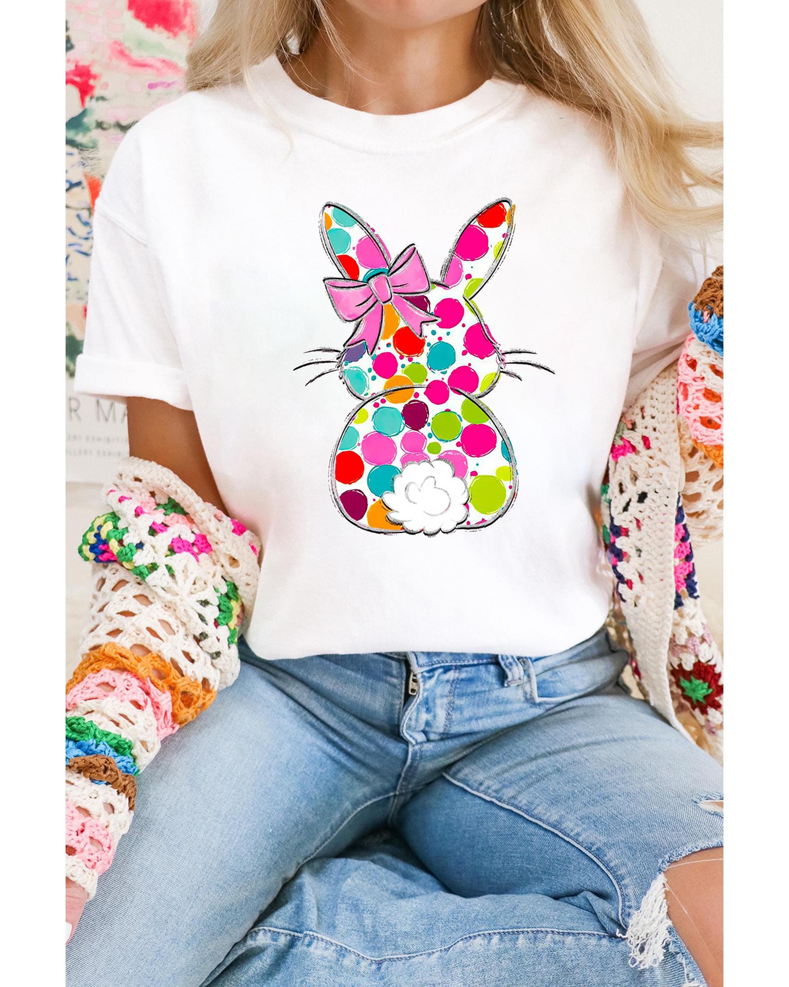 V539-AZEXDC25228610-1-M-202508270100-00 White Polka Dot Bow Rabbit Graphic Crewneck Easter Fashion Tee - M - Image 1